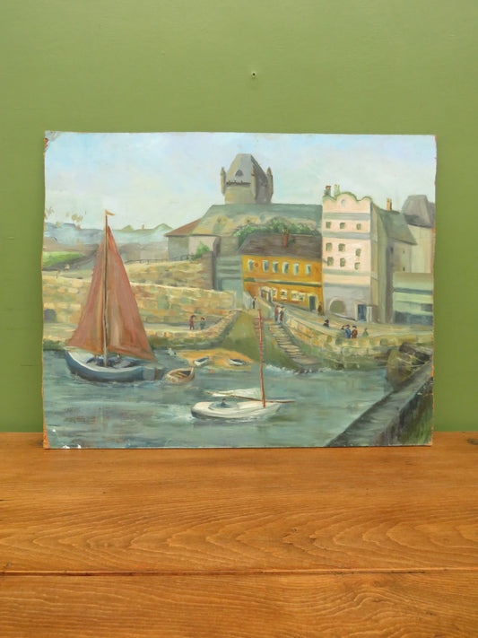 Vintage Naive Acrylic on Board of Boats and Harbour
