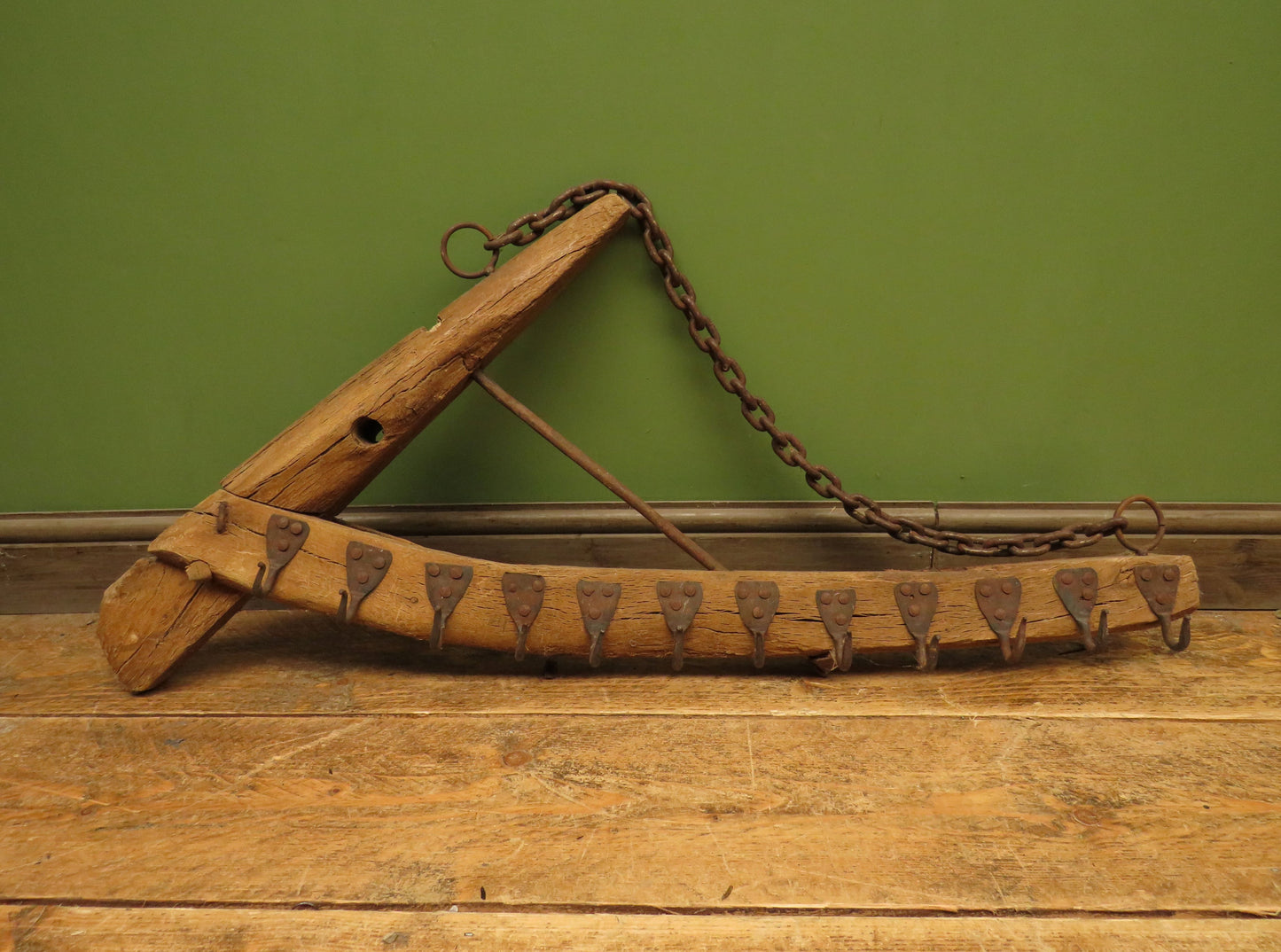 Rustic Primitive Wooden Farming Thingamabob with Hooks
