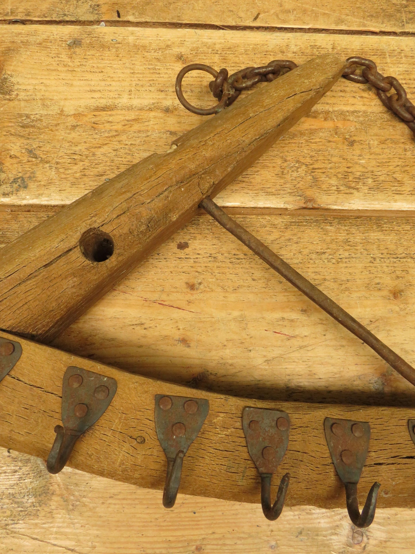Rustic Primitive Wooden Farming Thingamabob with Hooks