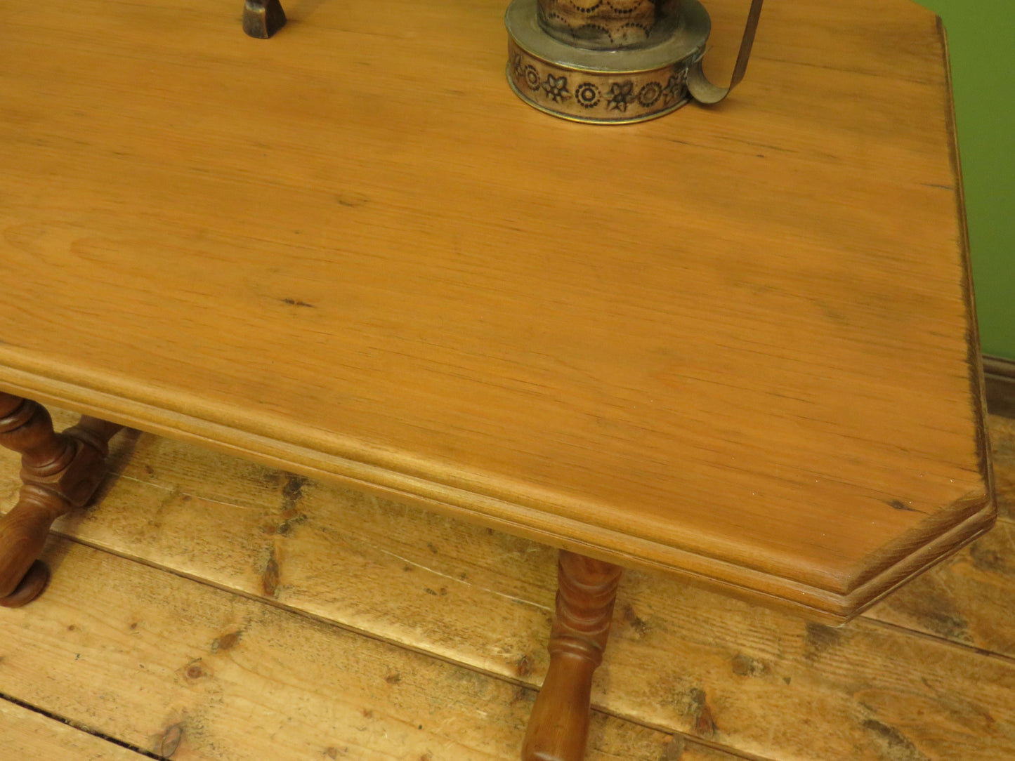 Antique Pine Side Table with Stripped Top and Turned legs