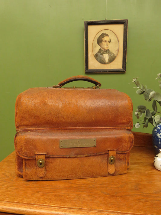 Antique Monogrammed Leather Gladstone Bag and Sharks Pin dated 1890 G.D.D.Davies