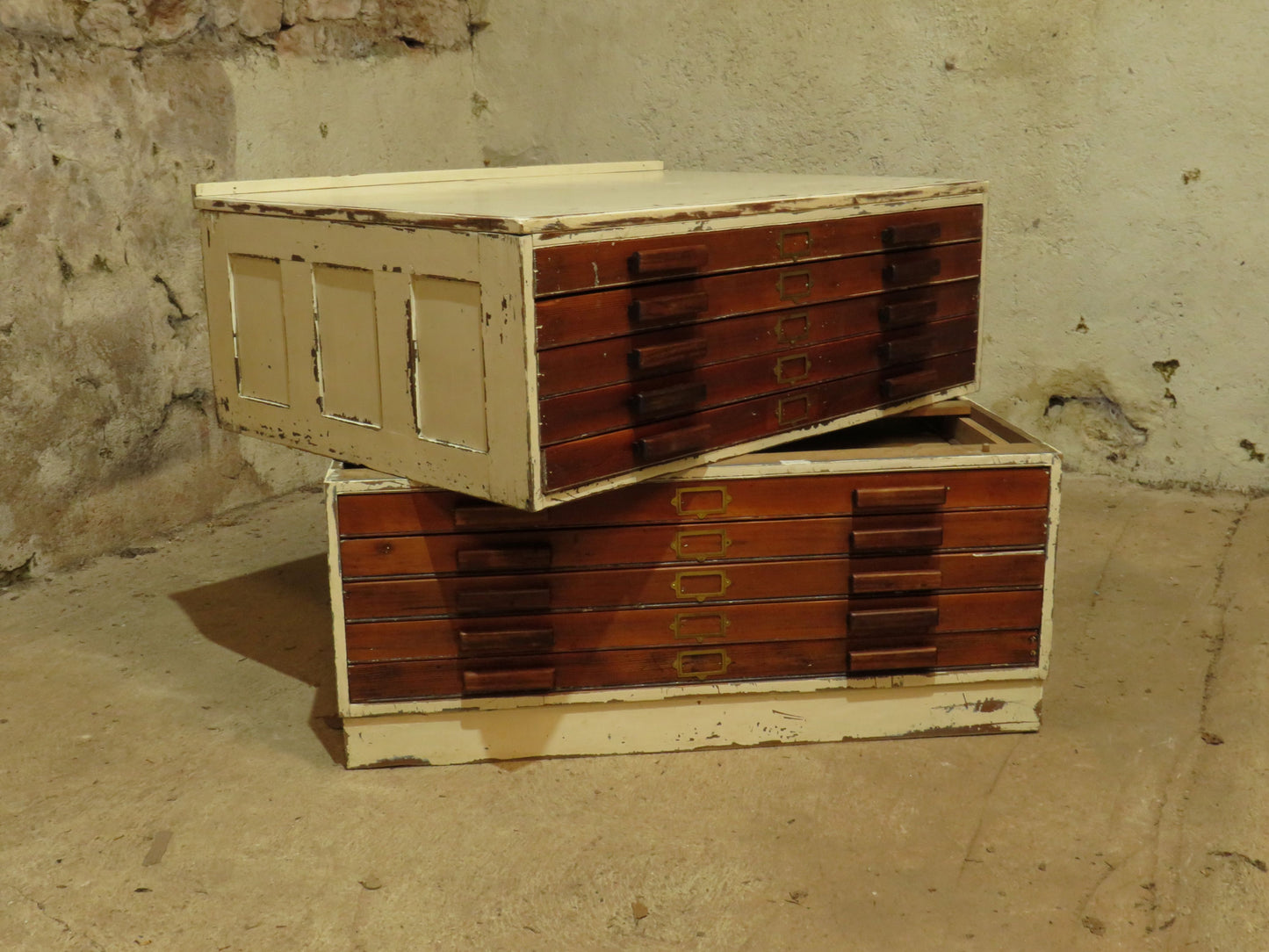 Large Architects Plan Chest in two parts, Chippy Paint, George VI warrant stamp