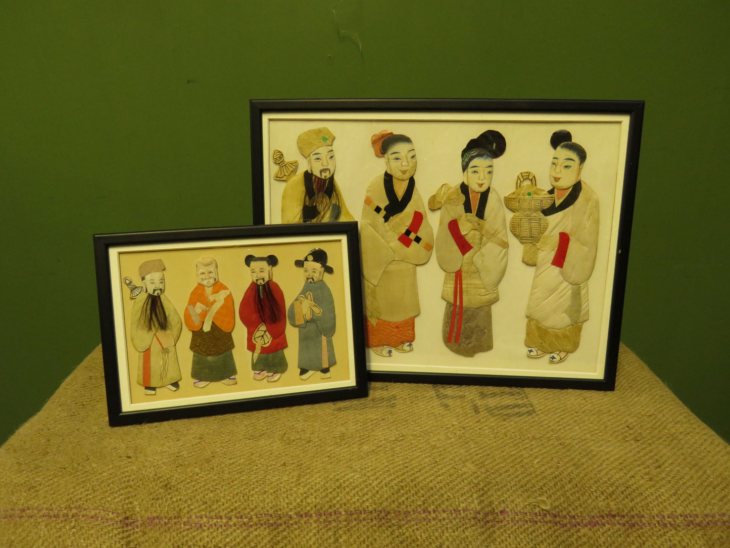 Antique Framed Chinese painted silk on card immortal figures