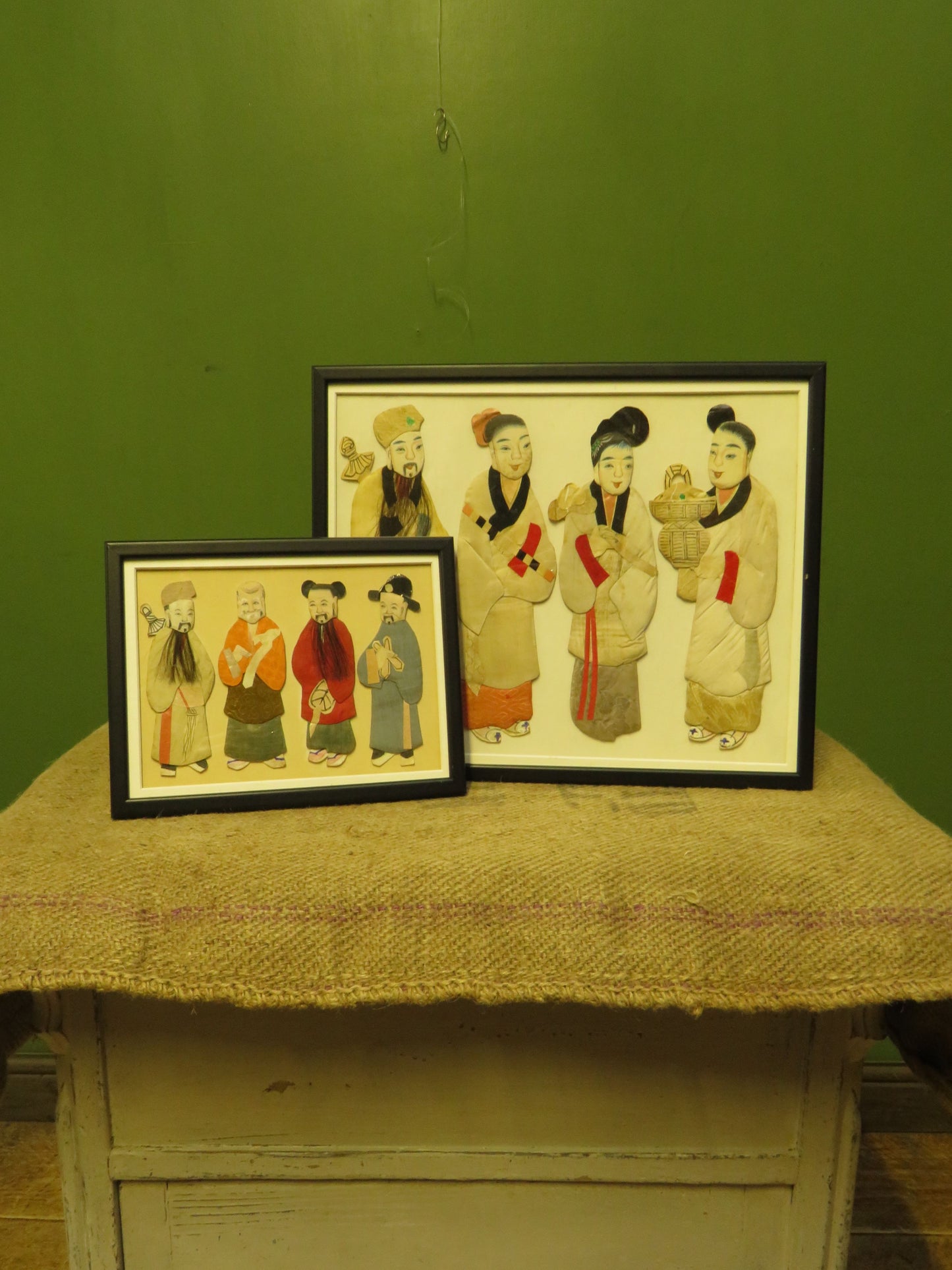 Antique Framed Chinese painted silk on card immortal figures