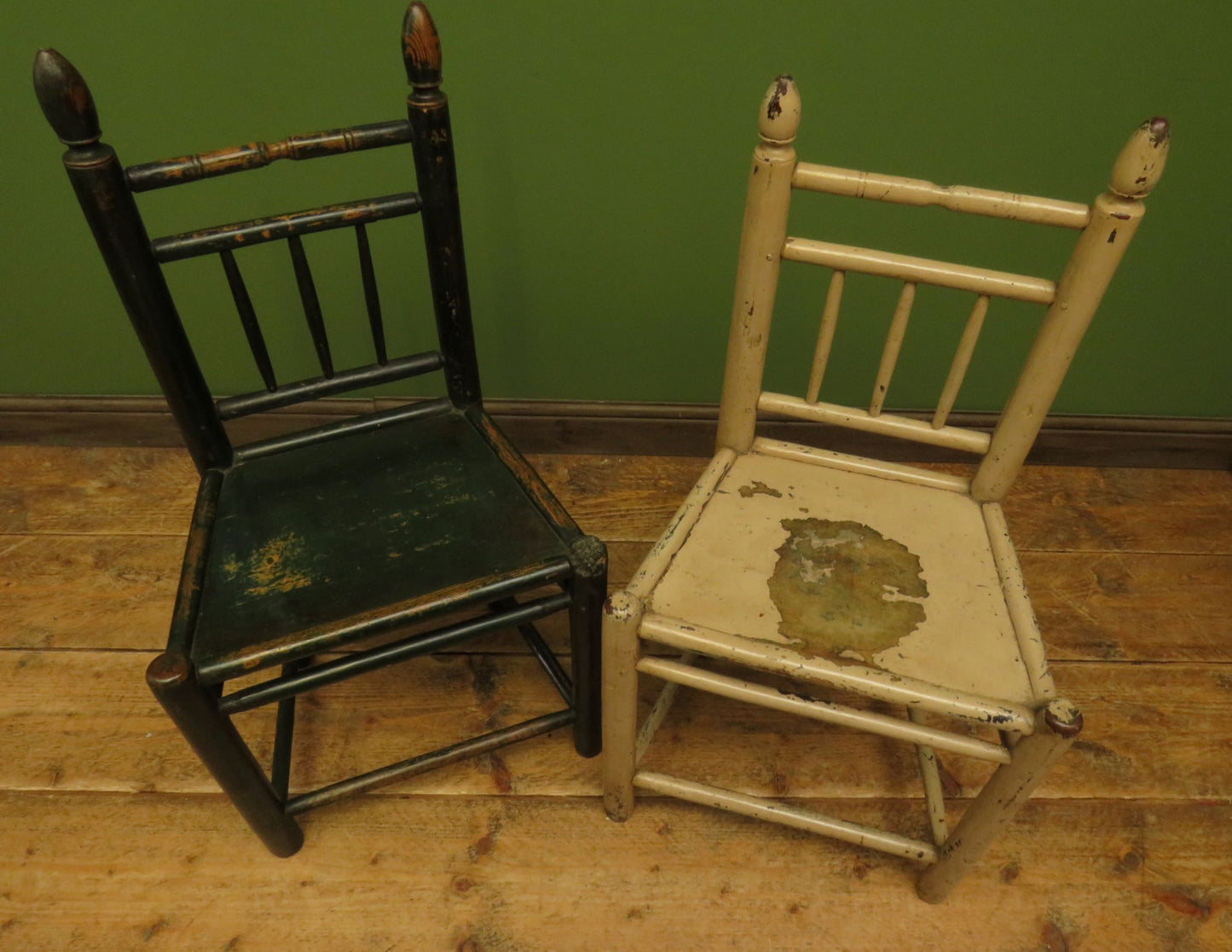 Pair of Old Primitive Spindle Chairs with Aged Painted Finish