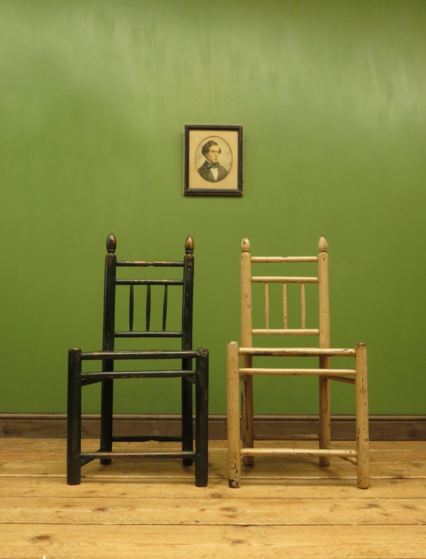 Pair of Old Primitive Spindle Chairs with Aged Painted Finish
