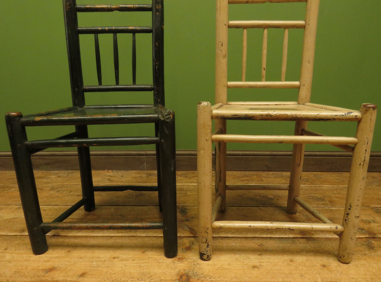 Pair of Old Primitive Spindle Chairs with Aged Painted Finish