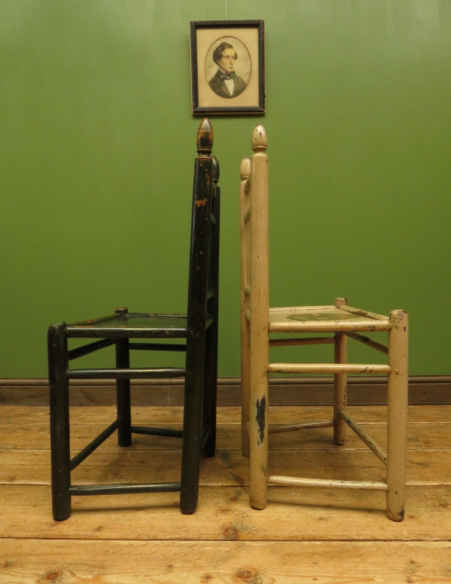 Pair of Old Primitive Spindle Chairs with Aged Painted Finish