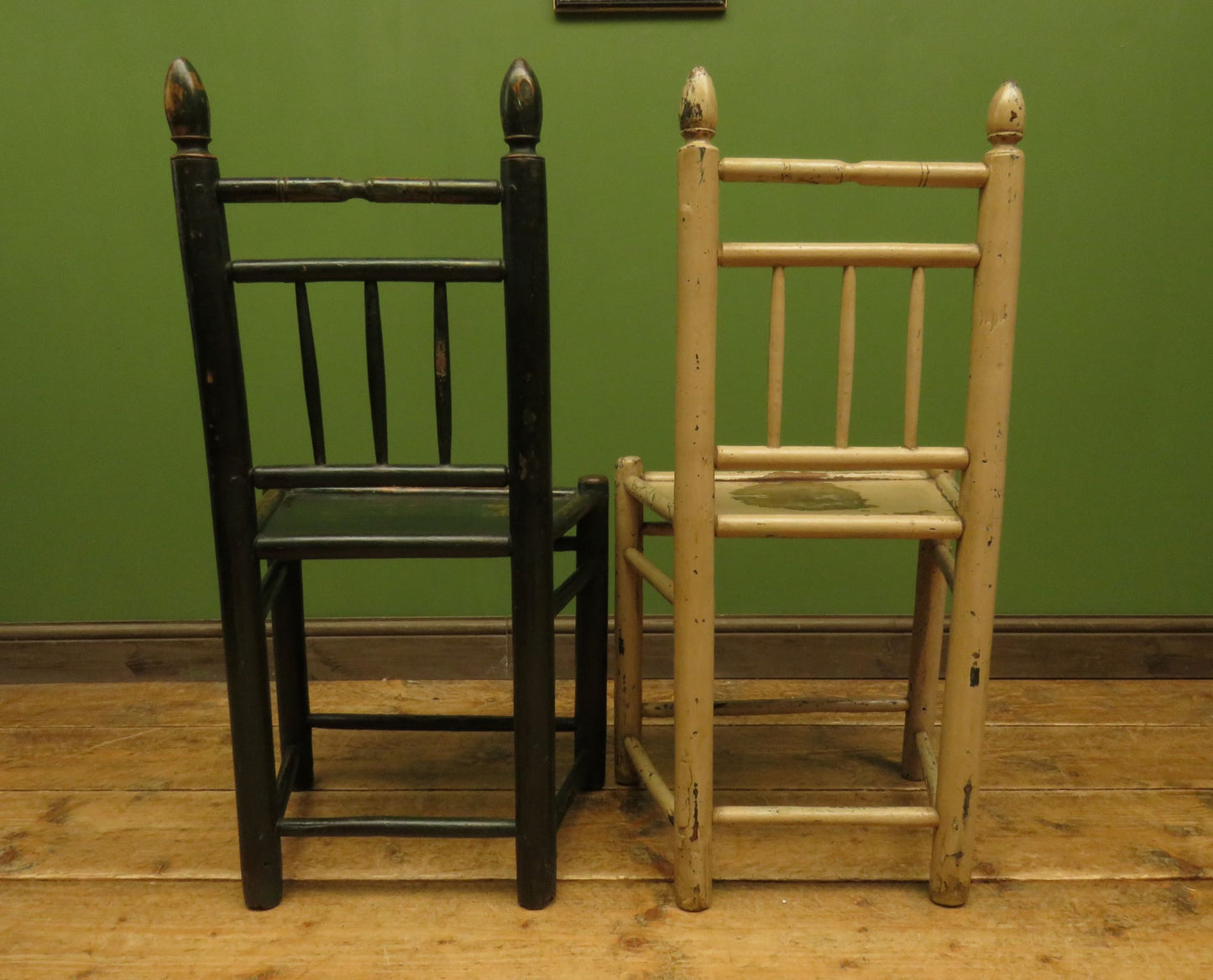 Pair of Old Primitive Spindle Chairs with Aged Painted Finish