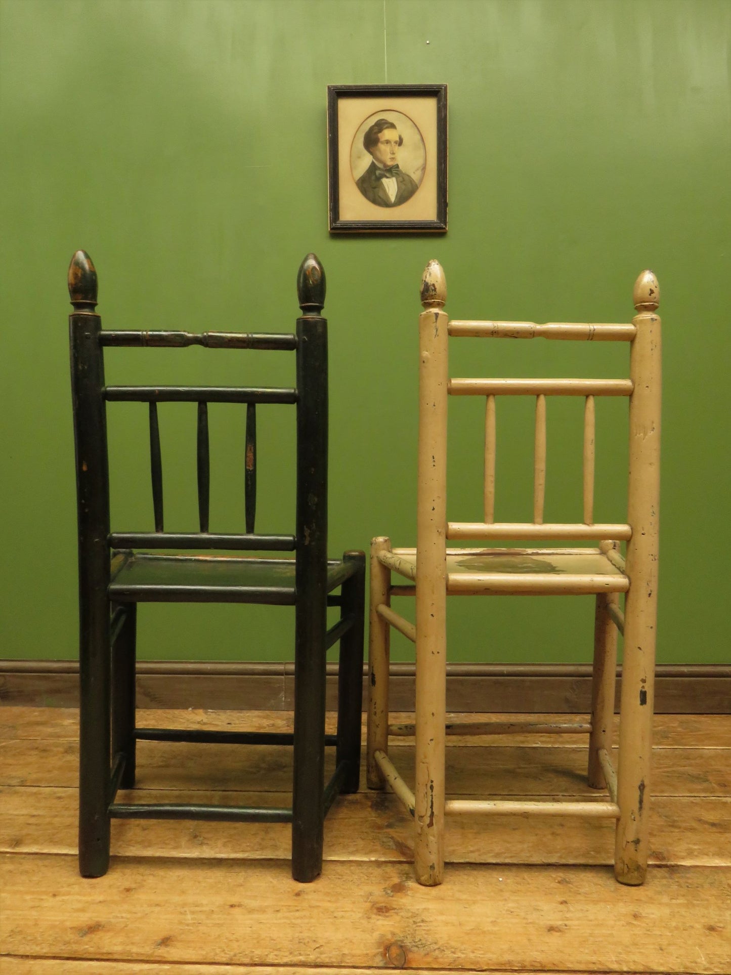 Pair of Old Primitive Spindle Chairs with Aged Painted Finish