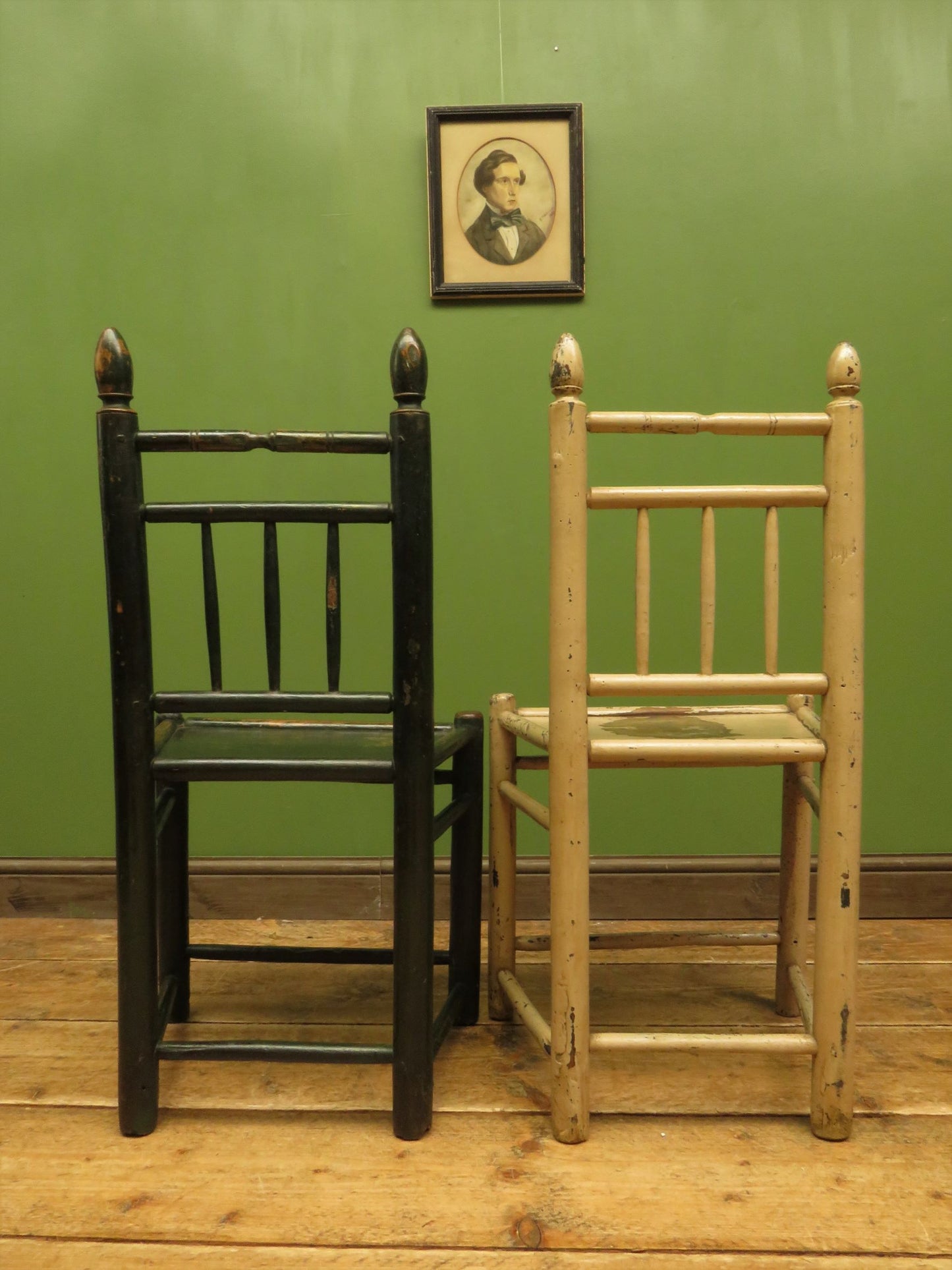 Pair of Old Primitive Spindle Chairs with Aged Painted Finish