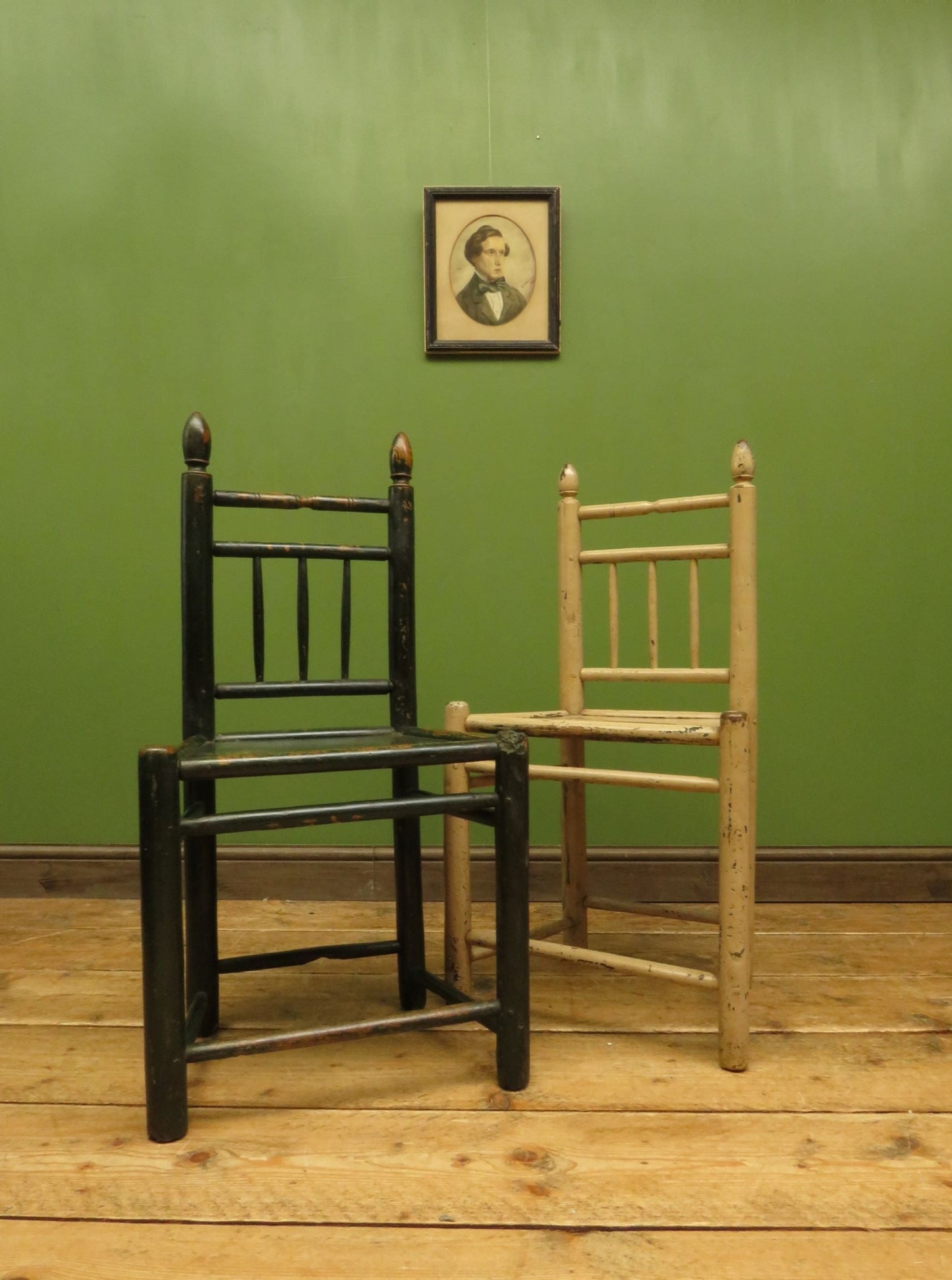 Pair of Old Primitive Spindle Chairs with Aged Painted Finish