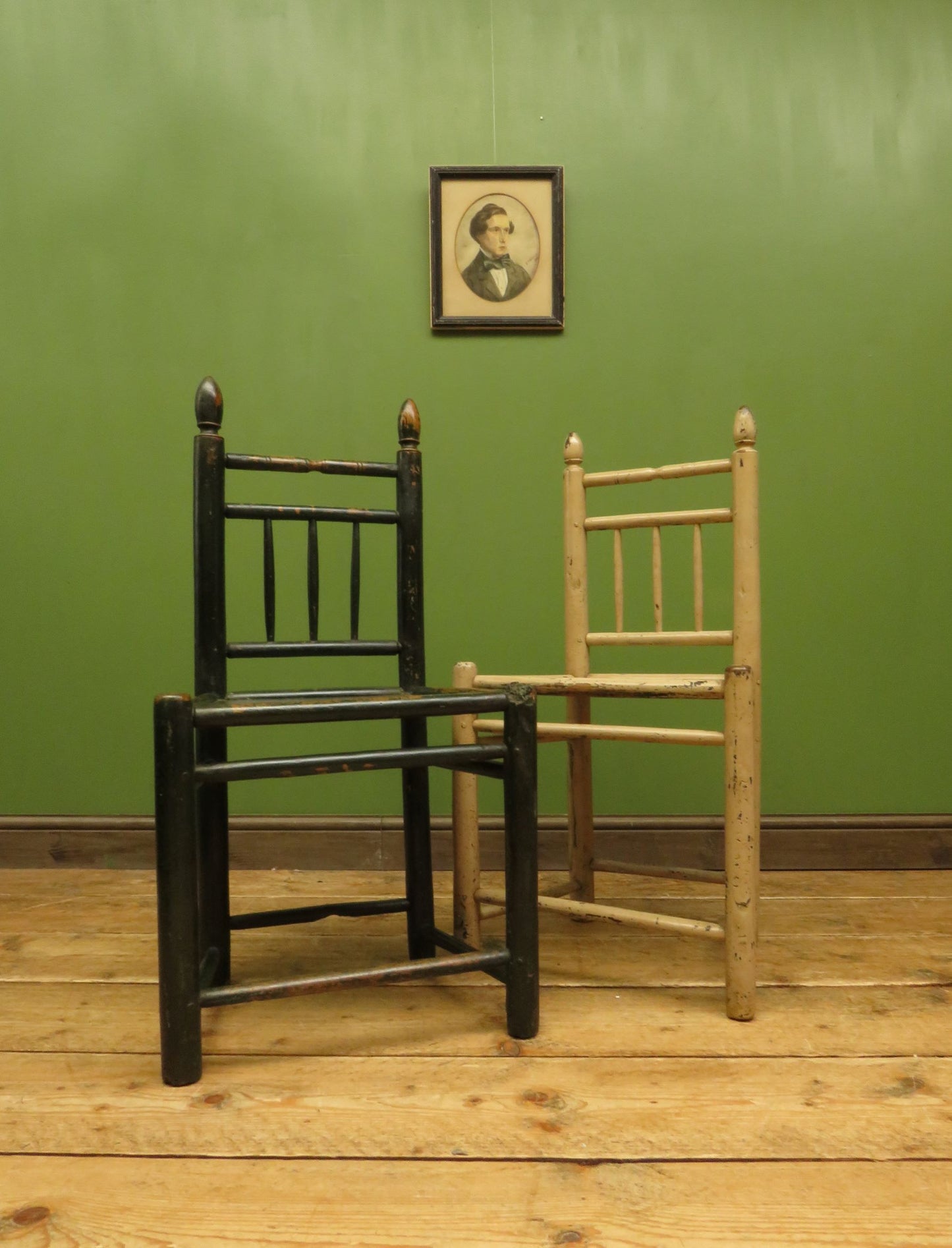 Pair of Old Primitive Spindle Chairs with Aged Painted Finish