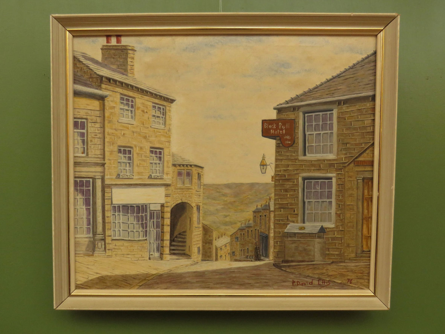 Framed oil painting of The Black Bull Hotel in Haworth by David Ellis, 1976