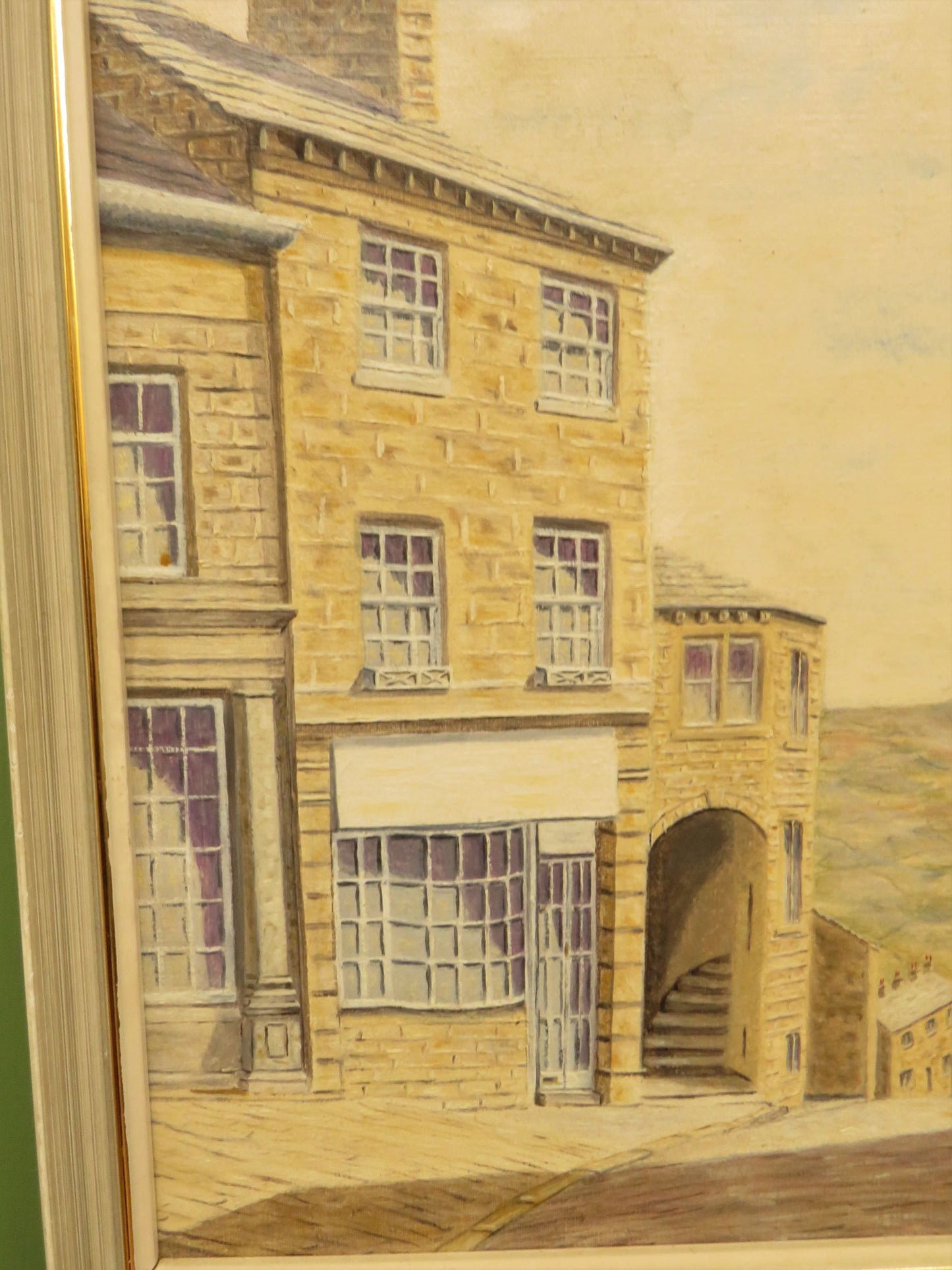 Framed oil painting of The Black Bull Hotel in Haworth by David Ellis, 1976