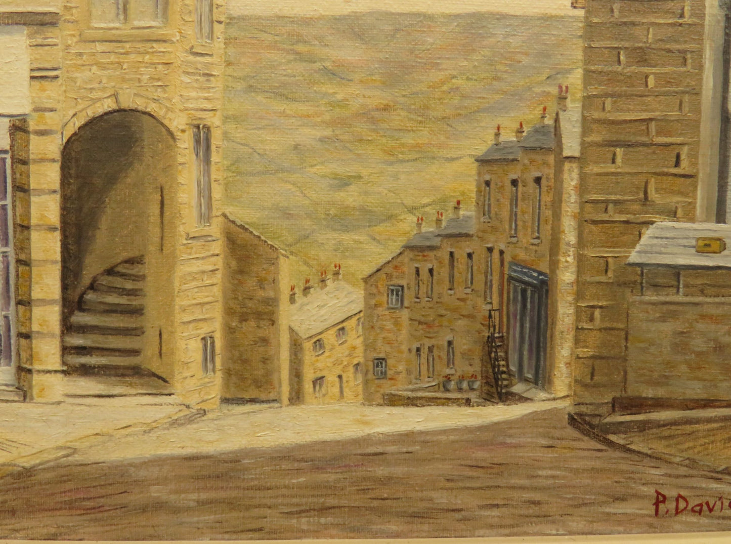 Framed oil painting of The Black Bull Hotel in Haworth by David Ellis, 1976
