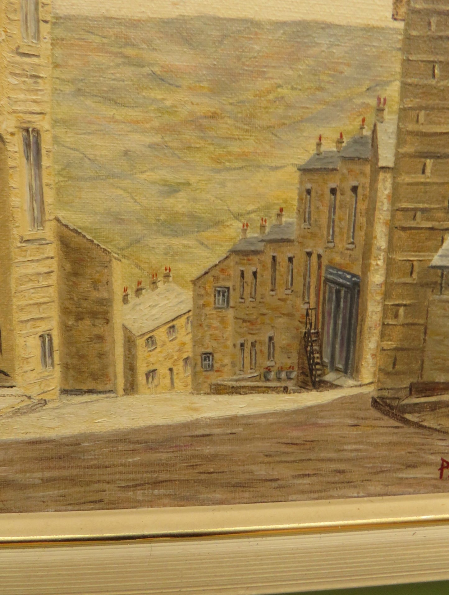 Framed oil painting of The Black Bull Hotel in Haworth by David Ellis, 1976