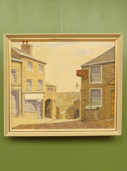 Framed oil painting of The Black Bull Hotel in Haworth by David Ellis, 1976