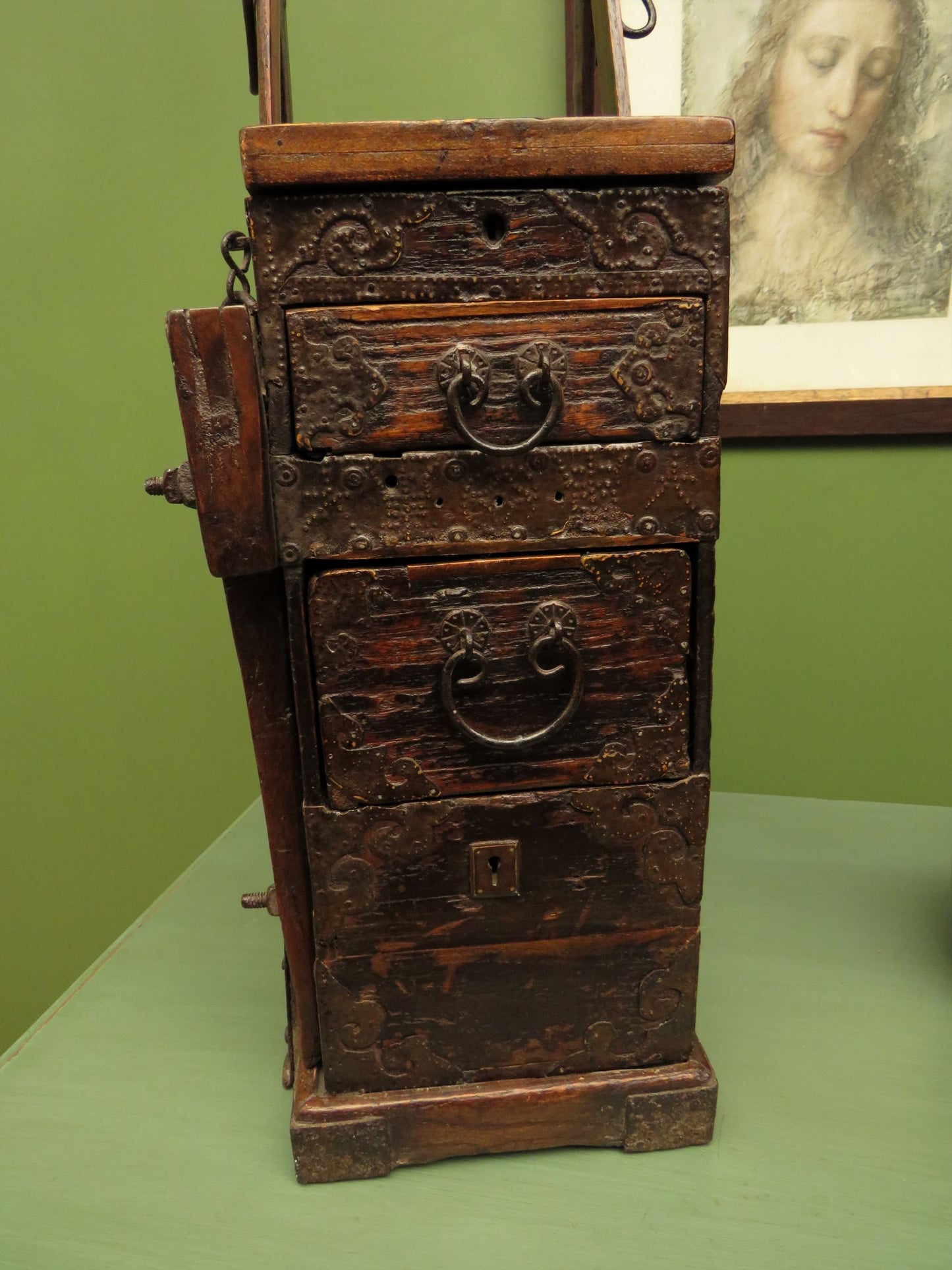 Rare Antique Japanese Wooden Merchants or Calligraphy Chest with Stand