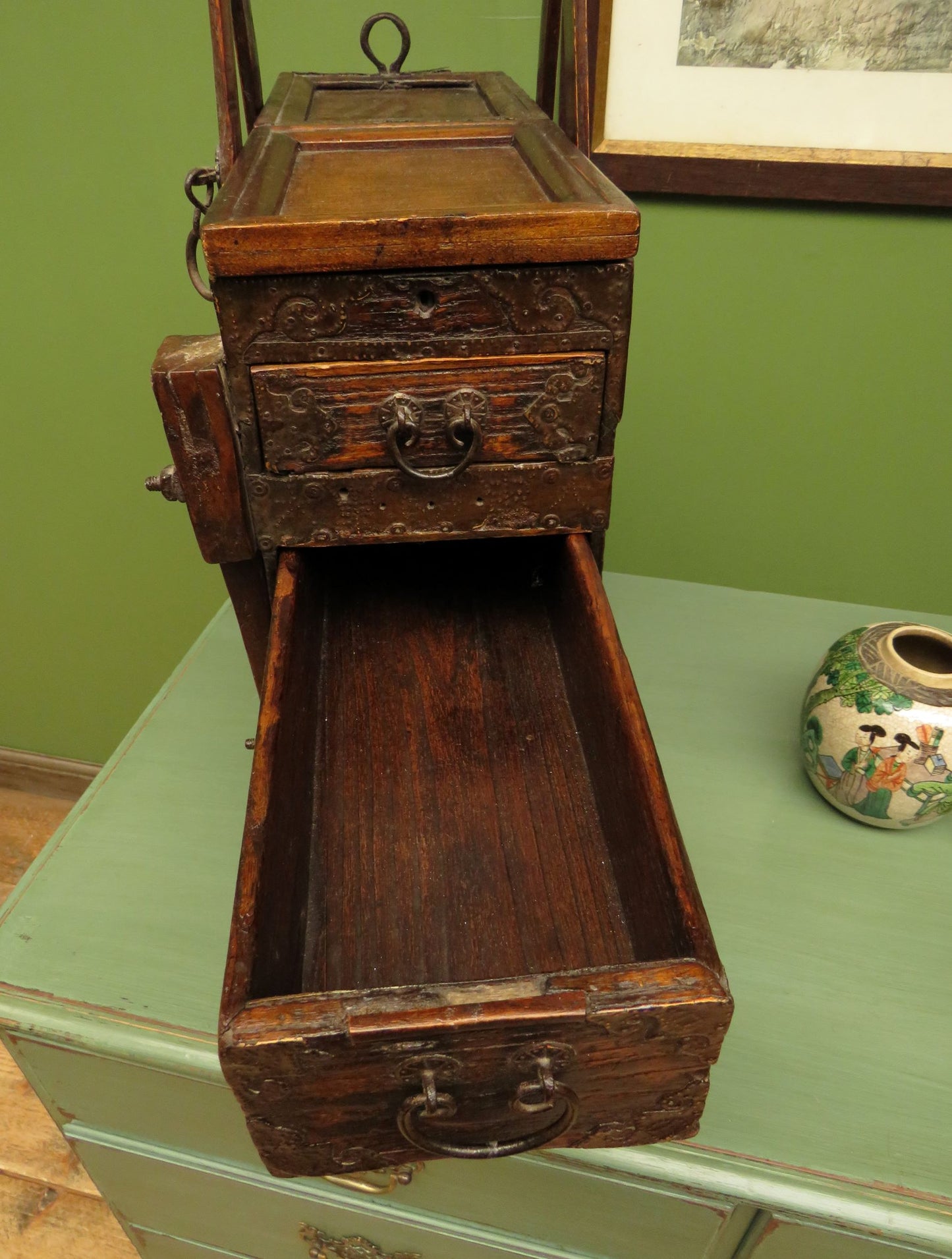 Rare Antique Japanese Wooden Merchants or Calligraphy Chest with Stand