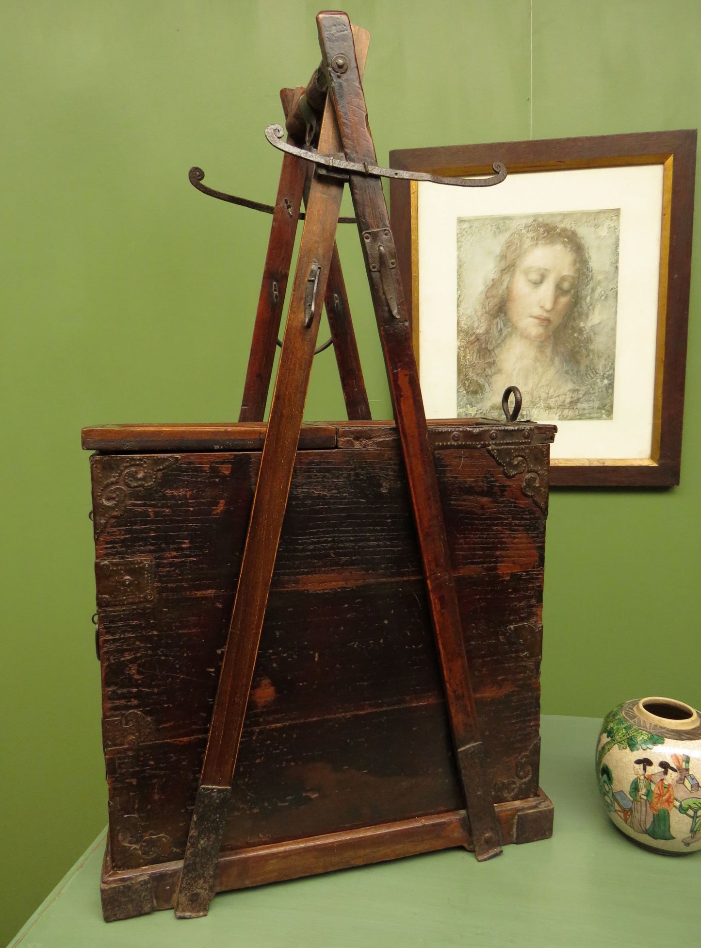 Rare Antique Japanese Wooden Merchants or Calligraphy Chest with Stand