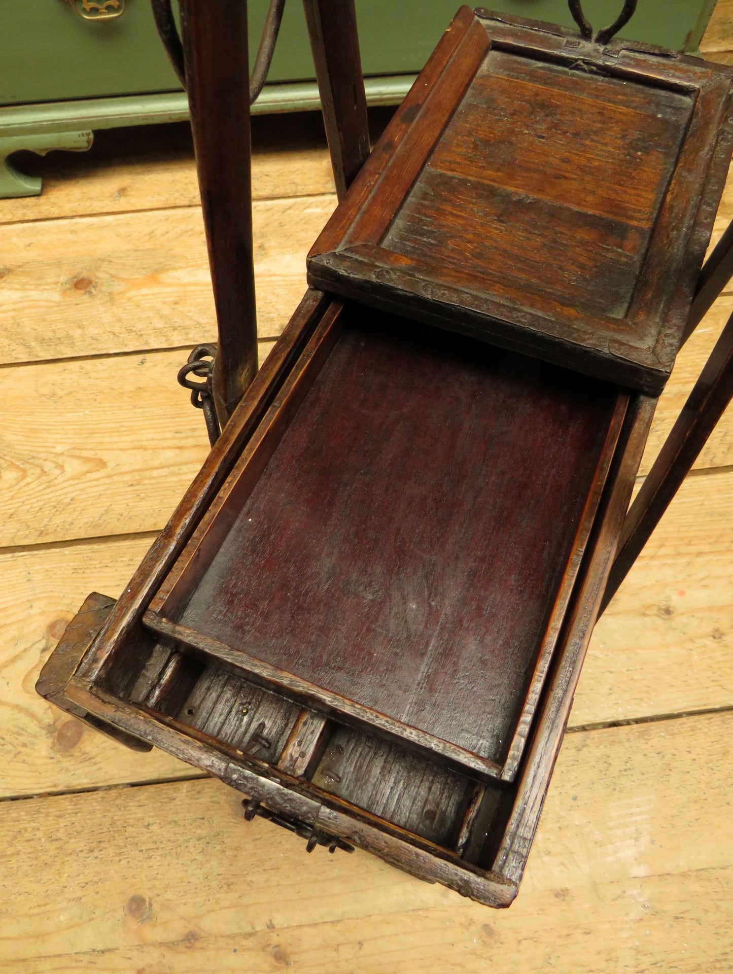Rare Antique Japanese Wooden Merchants or Calligraphy Chest with Stand