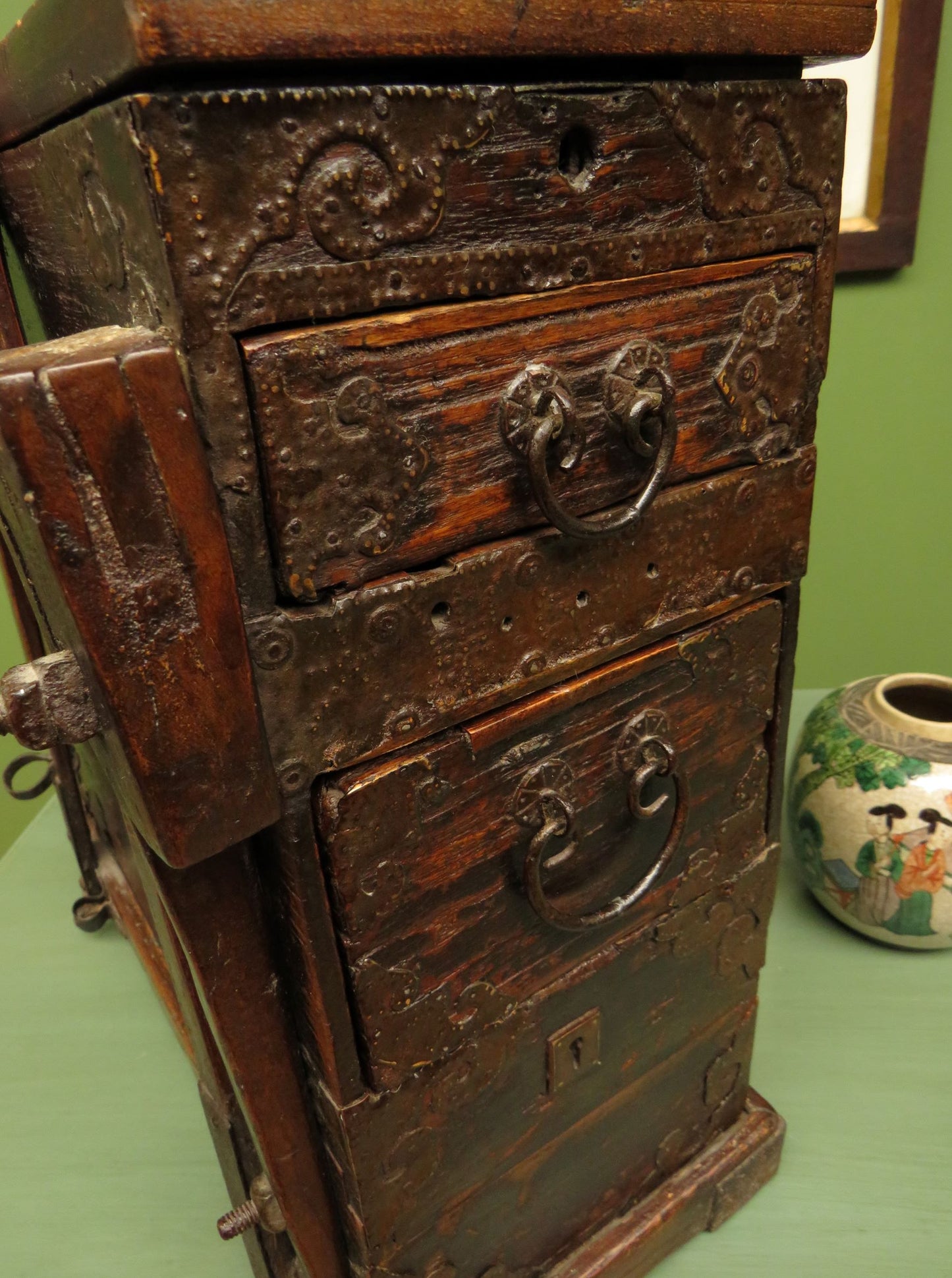 Rare Antique Japanese Wooden Merchants or Calligraphy Chest with Stand