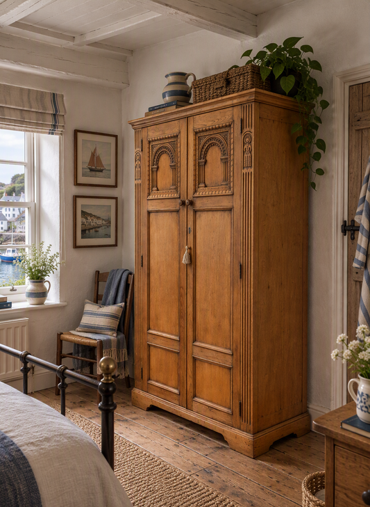 Antique Carved Oak Compactum Wardrobe Gothic Revival Armoire