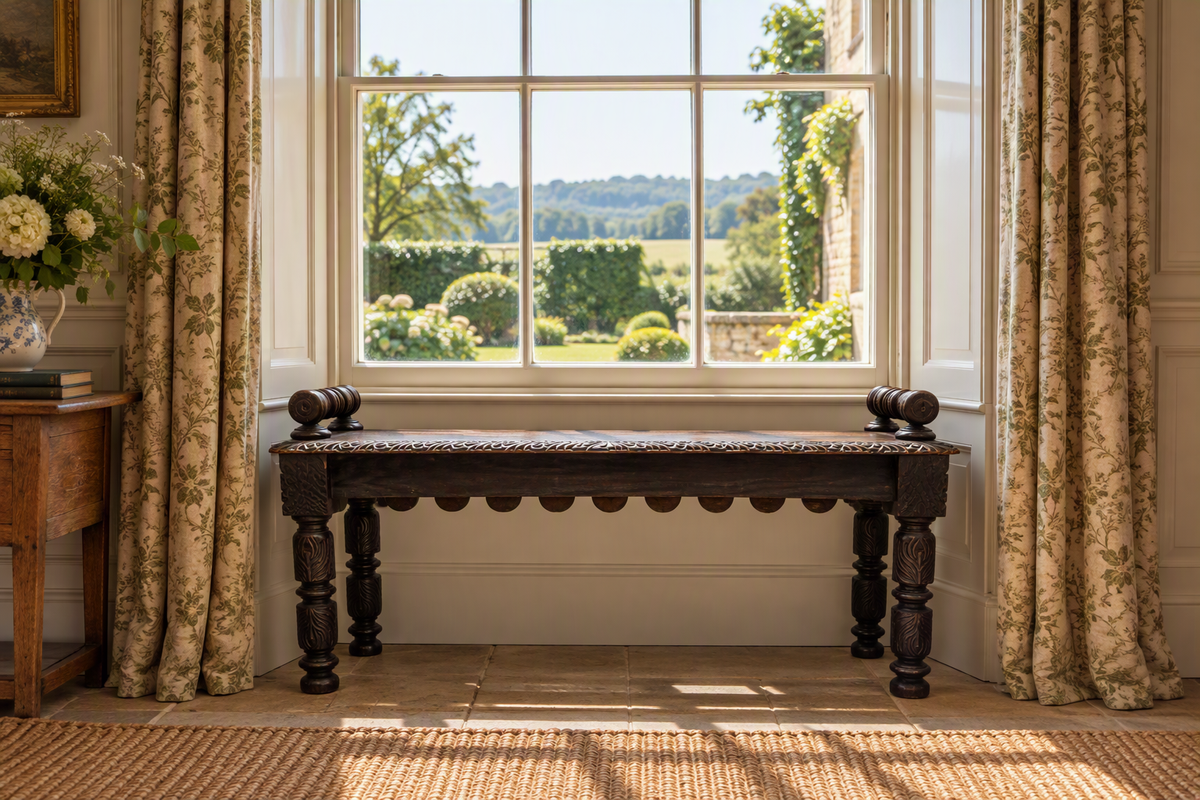 Victorian Carved Oak Window Seat Bench c.1880 Antique Hall Bench