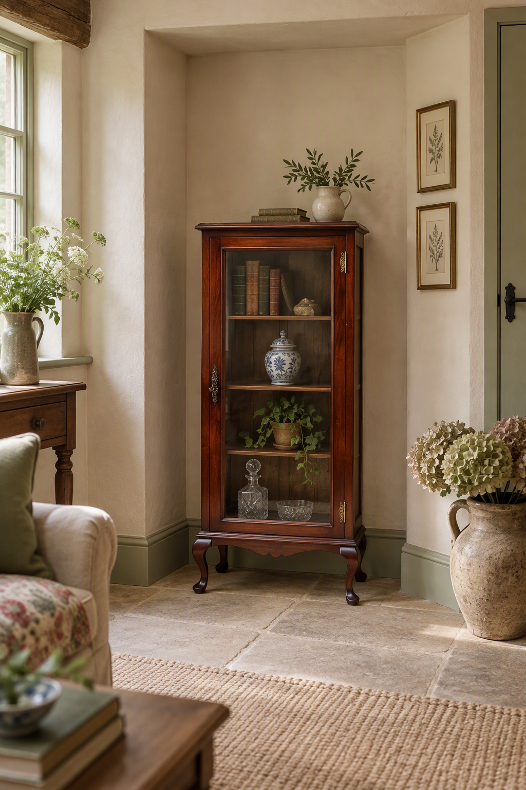 Antique Edwardian Mahogany Glazed Display Cabinet Bookcase with hand-painted flower decoration