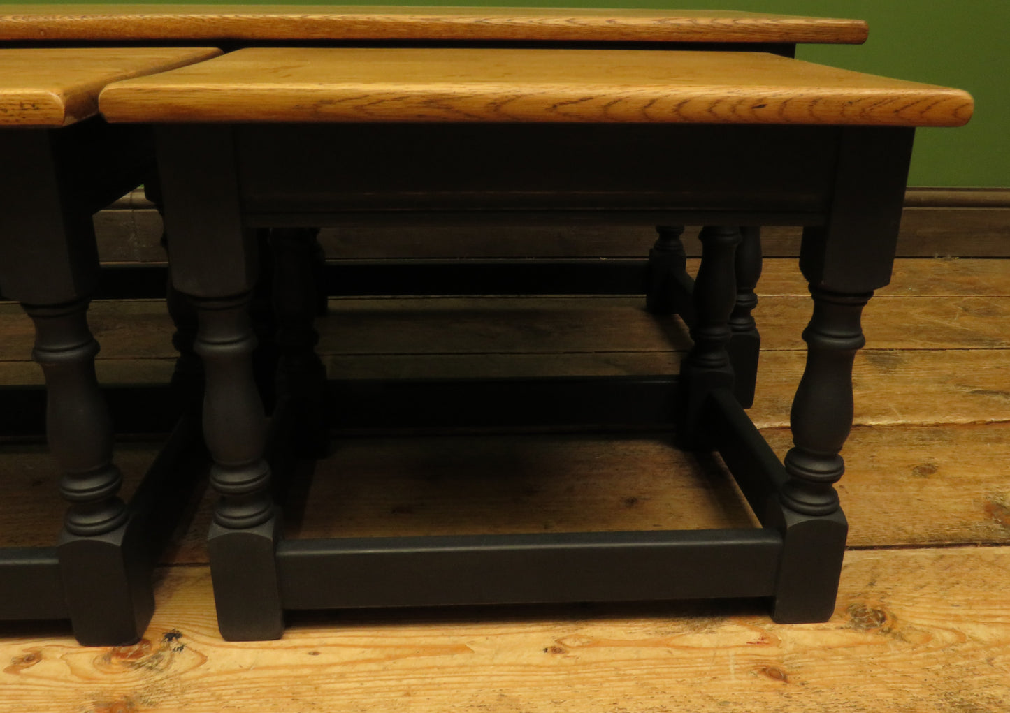 Vintage Nest of Tables with Black Bases and wooden tops