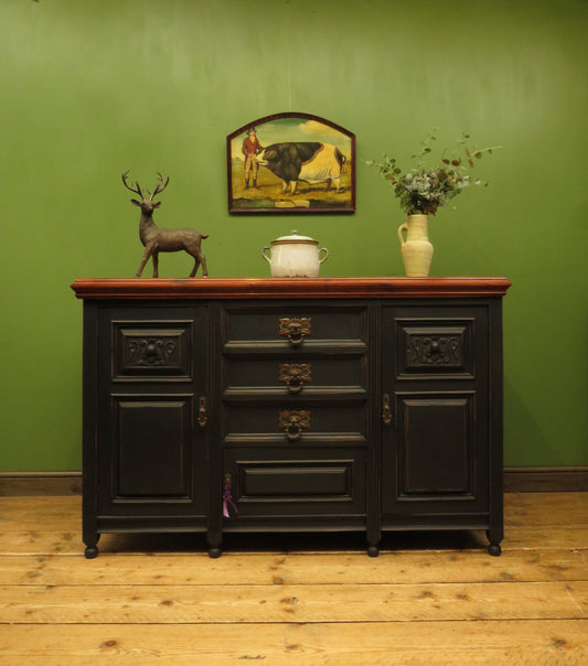 Large Antique Black Carved Sideboard with French Polished Top