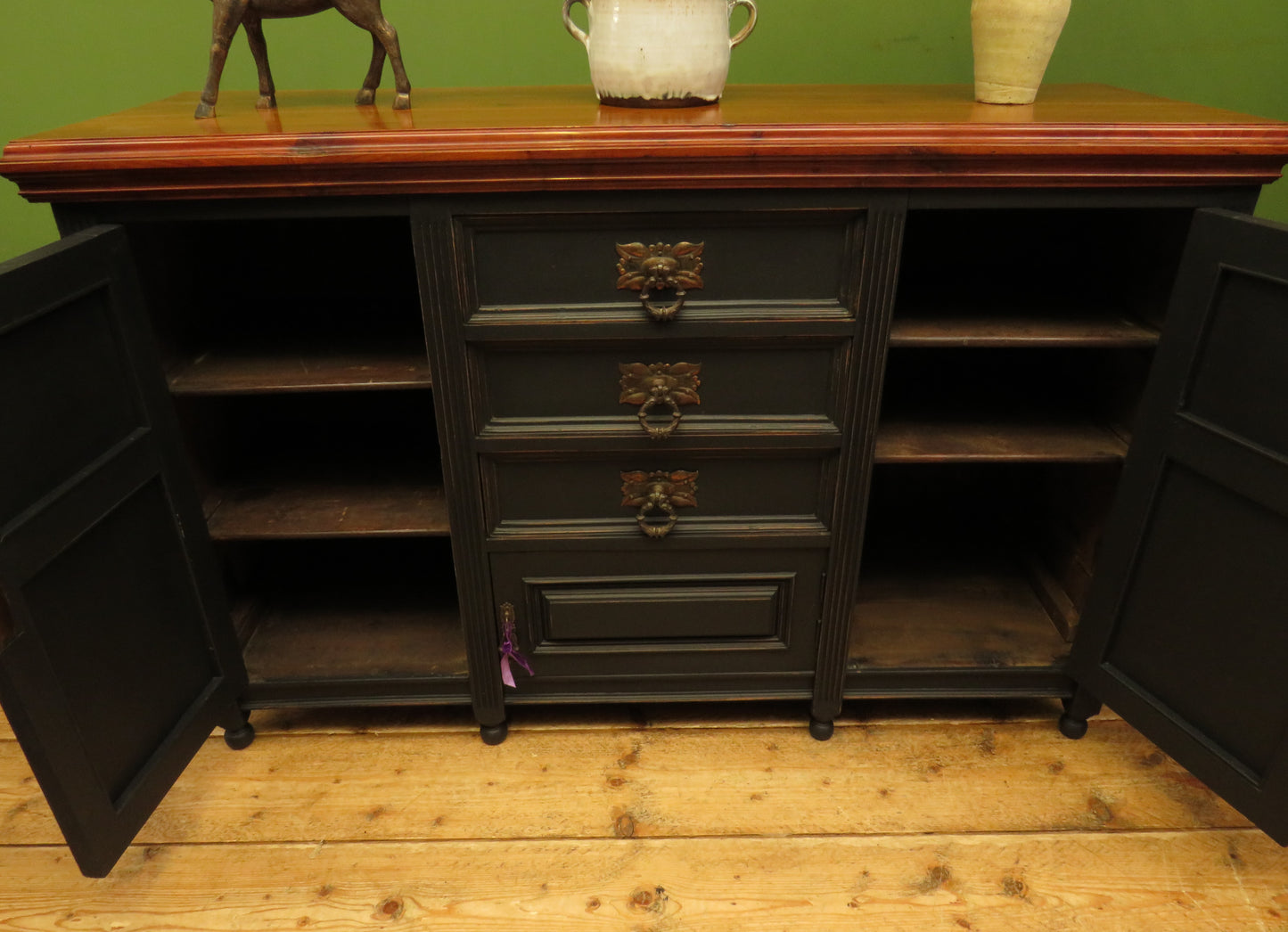 Large Antique Black Carved Sideboard with French Polished Top
