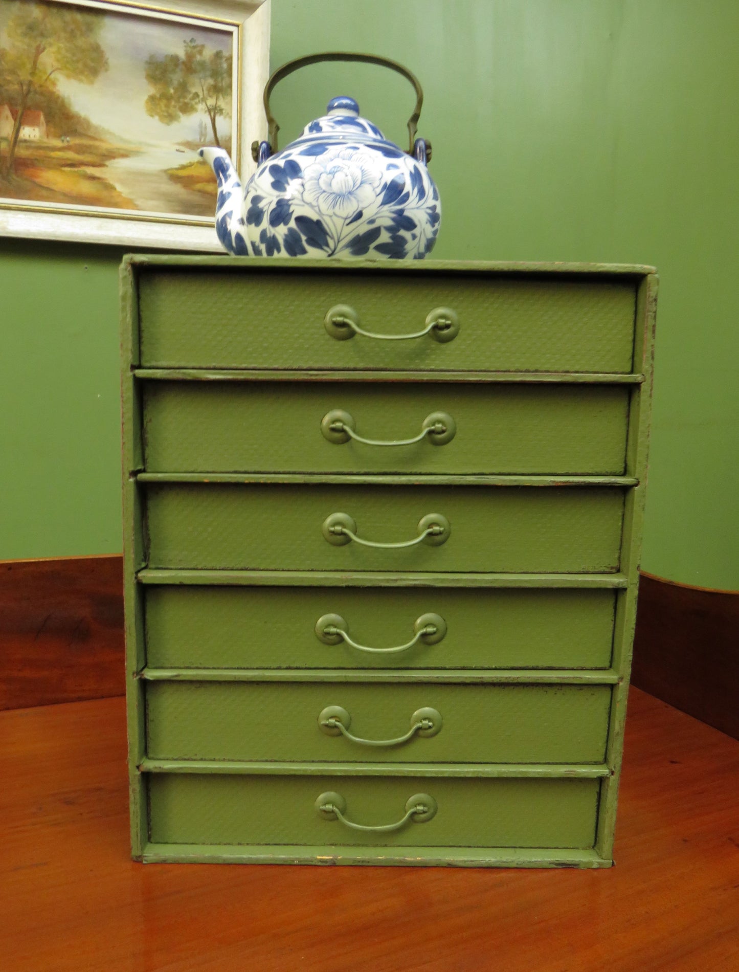 Green Painted Table top Stationery Filing Drawers