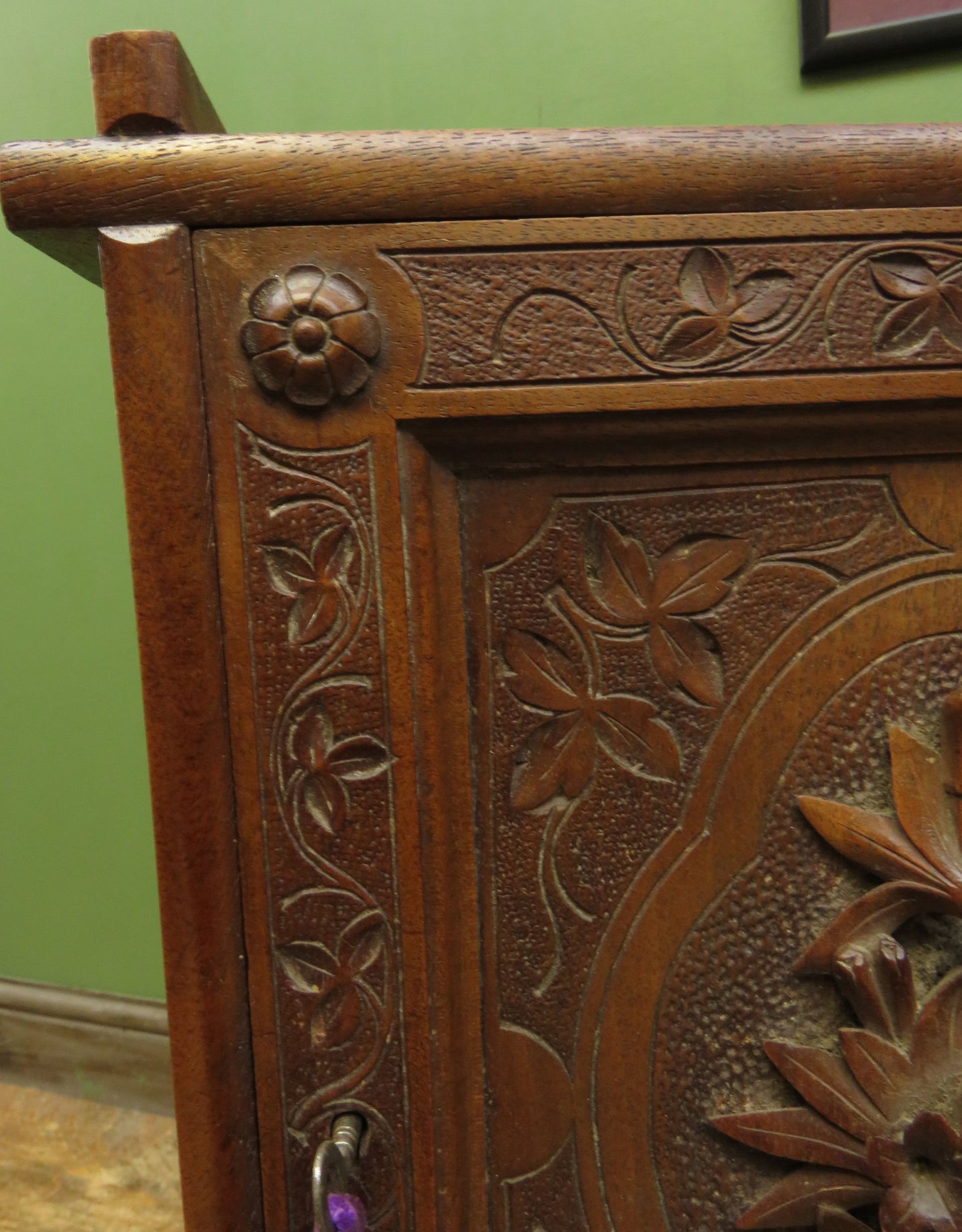 Antique Austrian or German Carved Wooden Key Cabinet