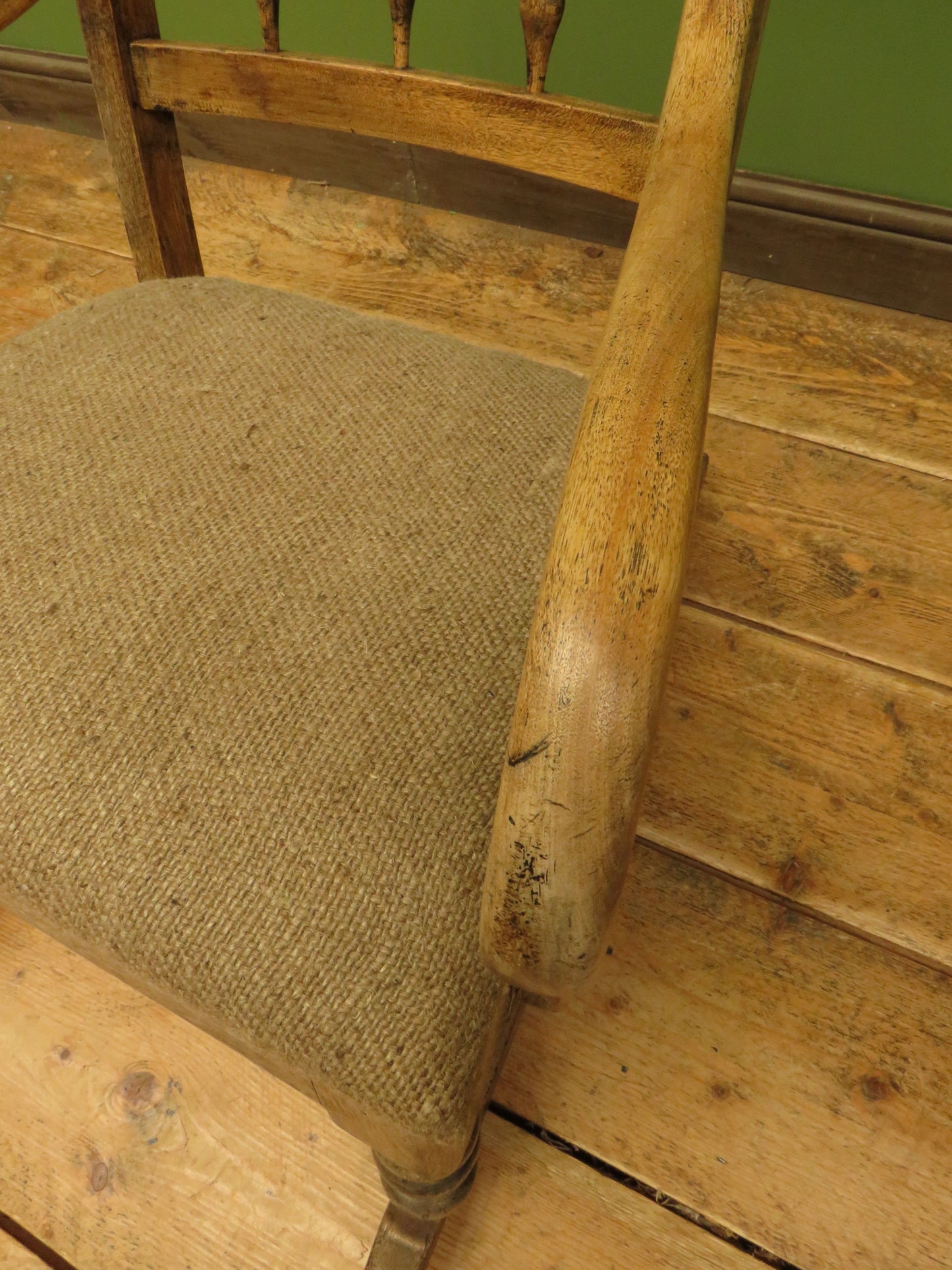 Rustic Country Elm Rocking Chair with Burlap Sack Cloth Seat