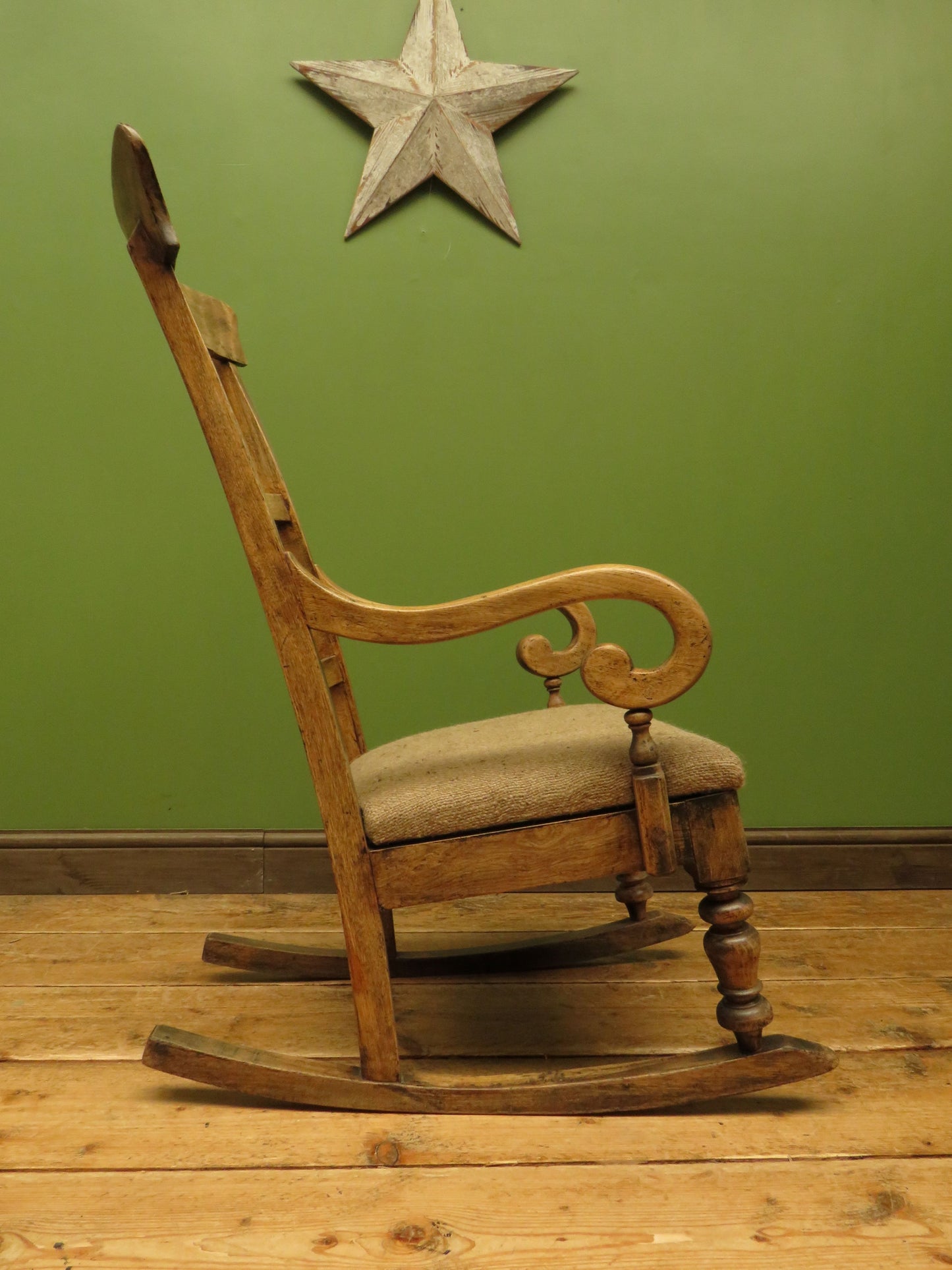 Rustic Country Elm Rocking Chair with Burlap Sack Cloth Seat