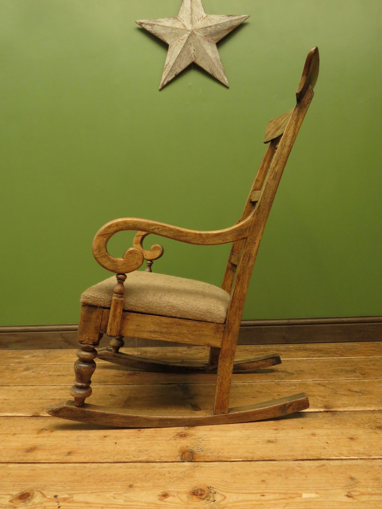 Rustic Country Elm Rocking Chair with Burlap Sack Cloth Seat