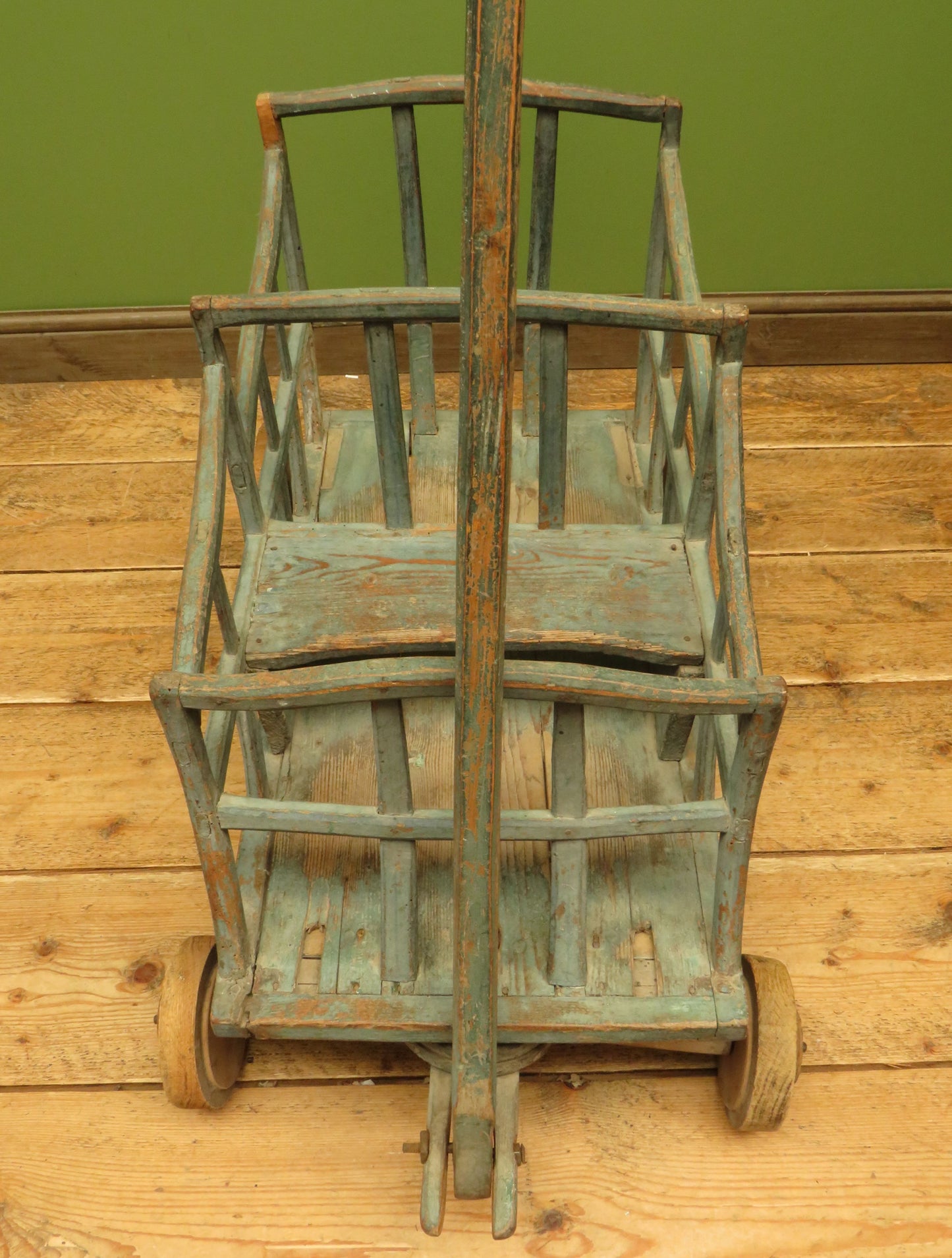 Primitive Antique Wooden Cart with Old Blue Painted Finish