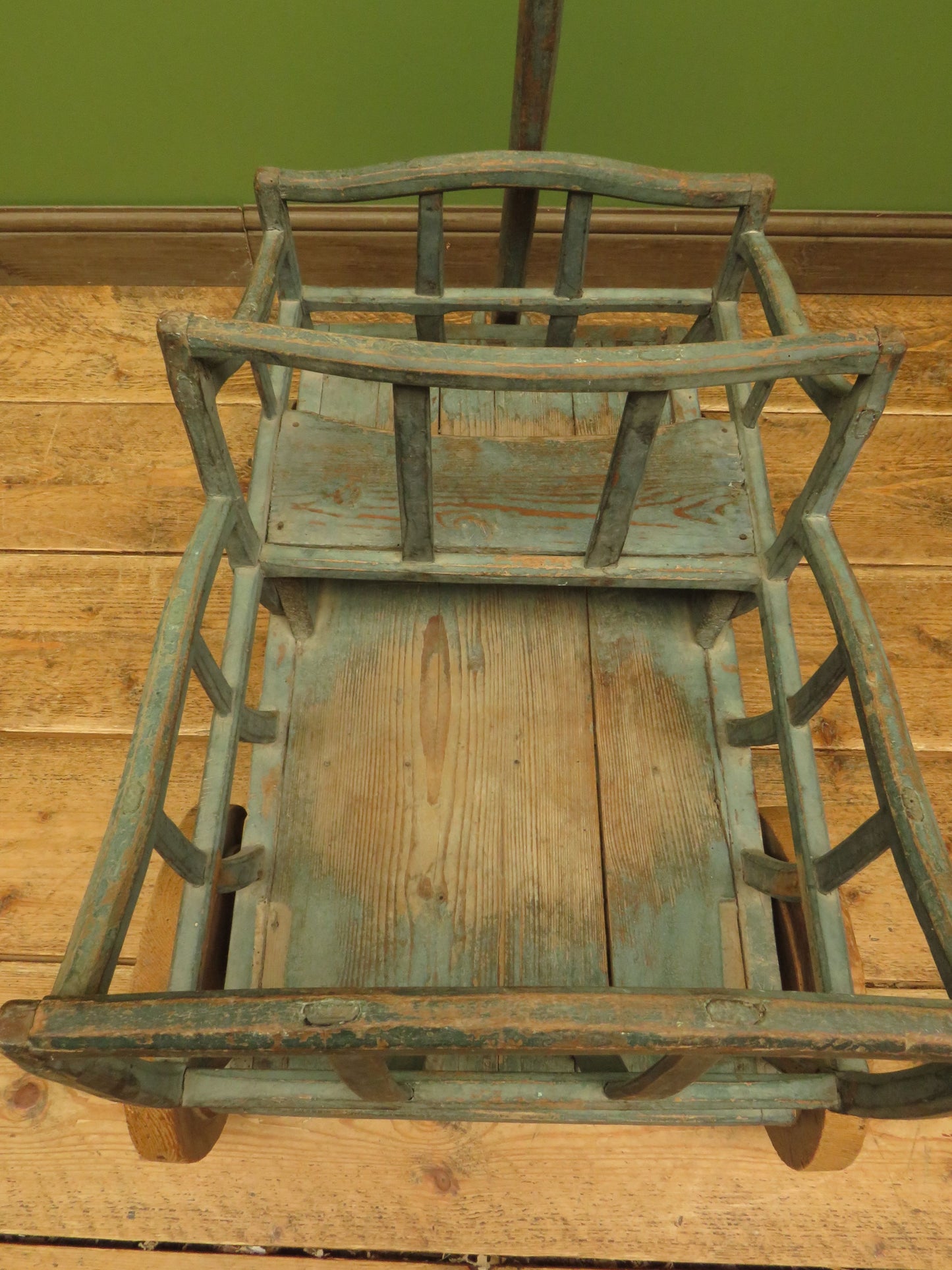 Primitive Antique Wooden Cart with Old Blue Painted Finish