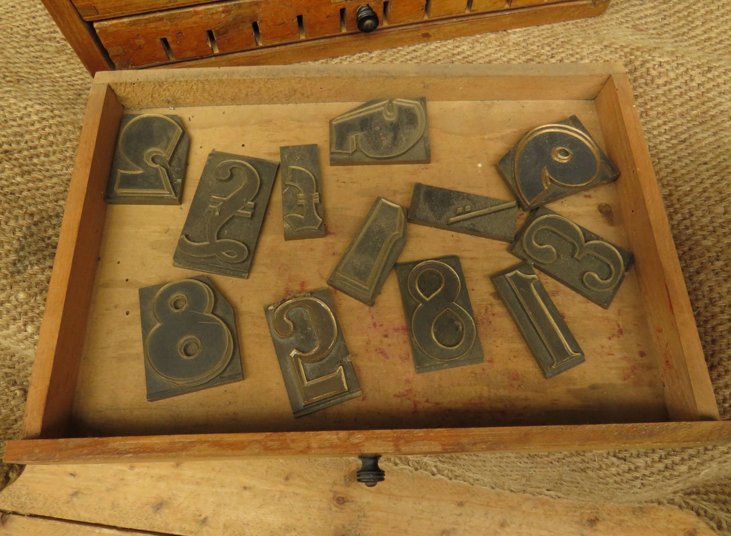 Vintage Letterpress Printers Drawers with Brass Letter Stamps from a Tobacconist