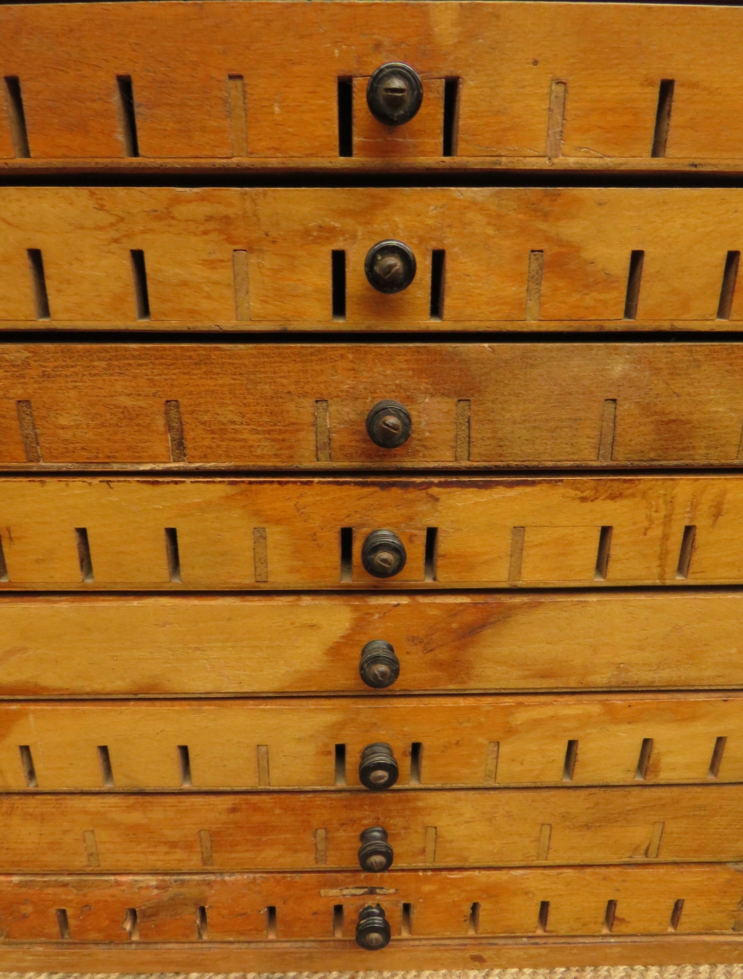 Vintage Letterpress Printers Drawers with Brass Letter Stamps from a Tobacconist