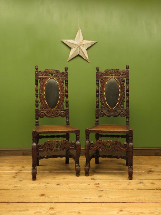 Jacobean Throne Style Chairs with Carved Face Finials