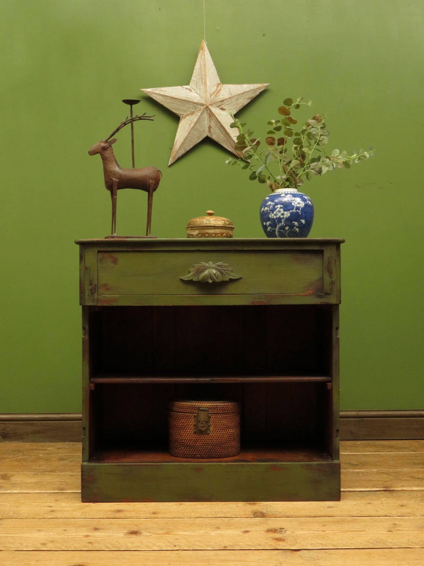 Bohemian Green Painted Cabinet with Drawer