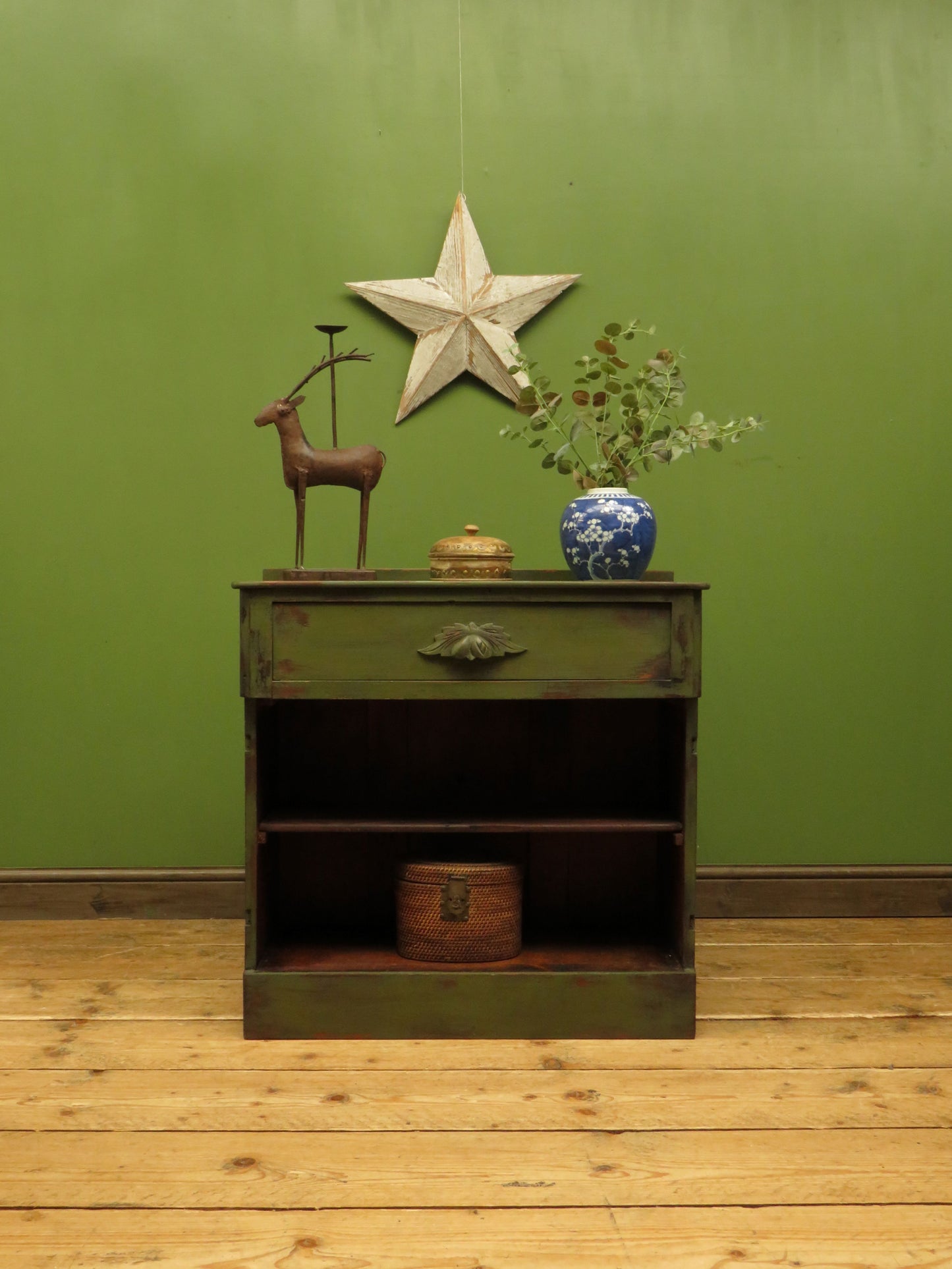 Bohemian Green Painted Cabinet with Drawer