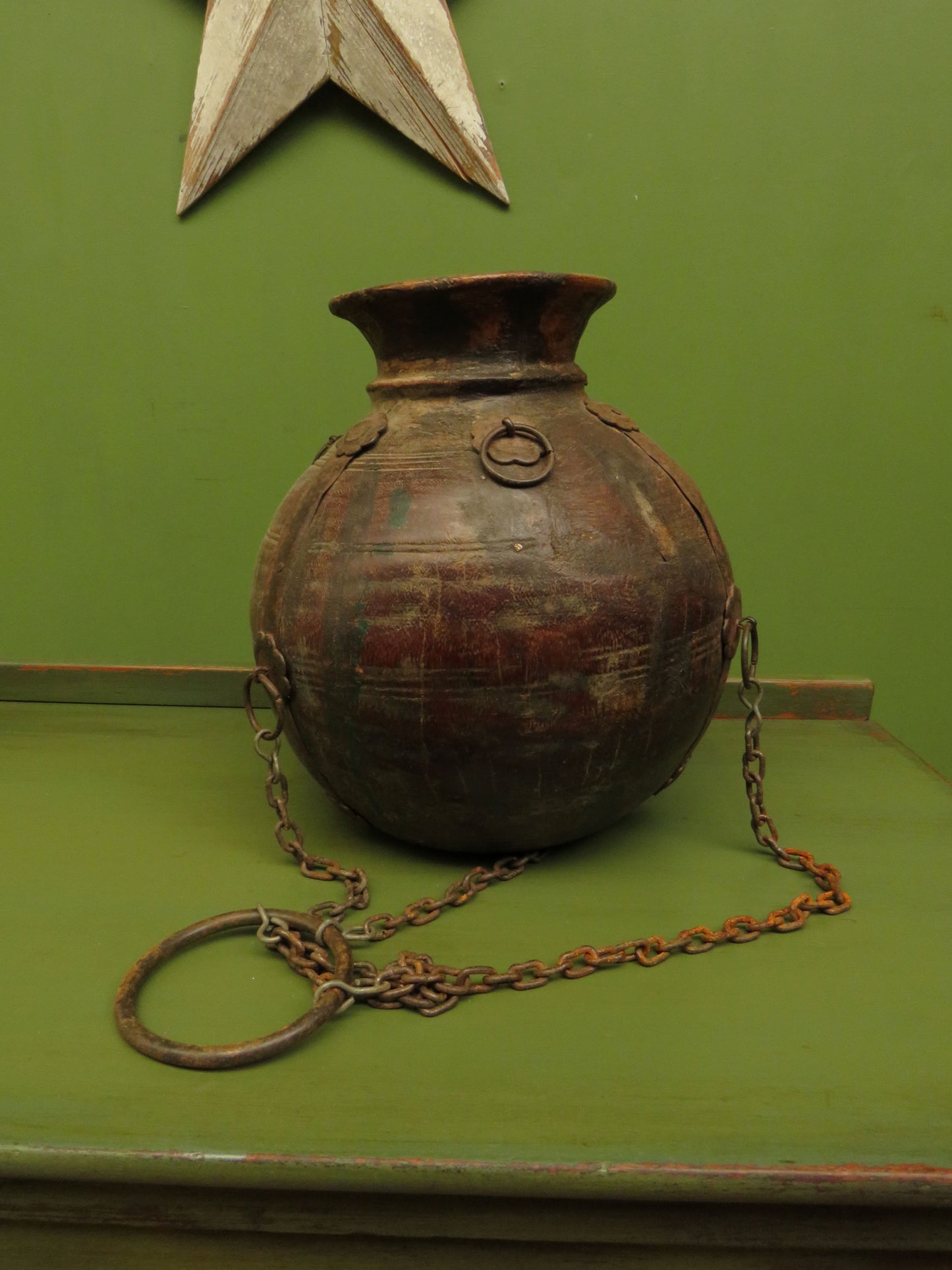 Antique Wooden Indian Water or Milk Pot with Chains