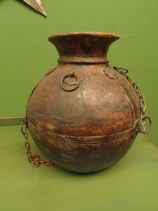 Antique Wooden Indian Water or Milk Pot with Chains