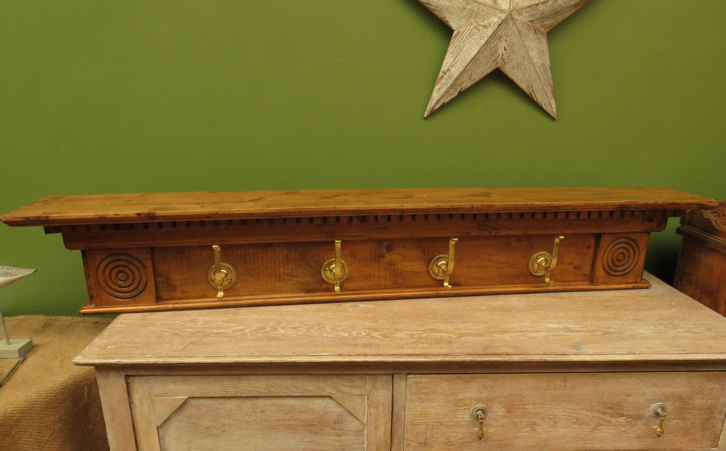 Upcycled Antique Pine Wall Coat Rack with Brass Hooks