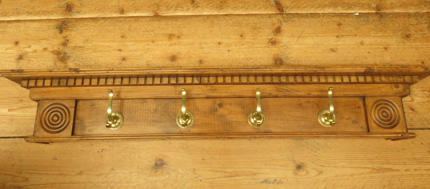 Upcycled Antique Pine Wall Coat Rack with Brass Hooks