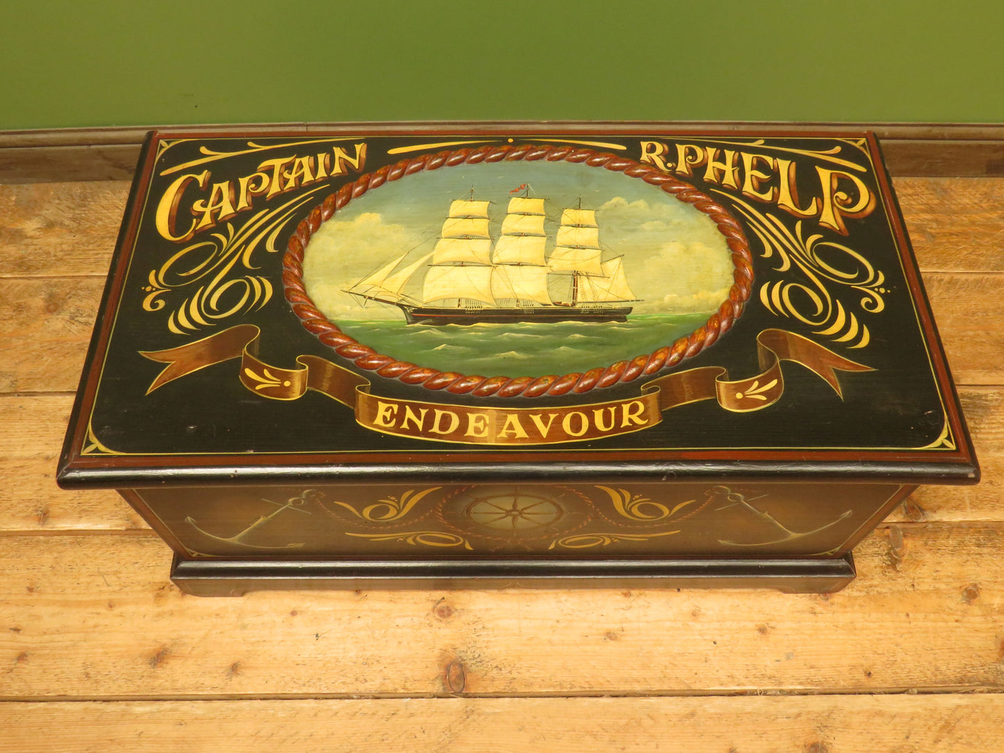 Hand Painted Nautical Themed Pine Trunk, Captain R.Phelp, Endeavour